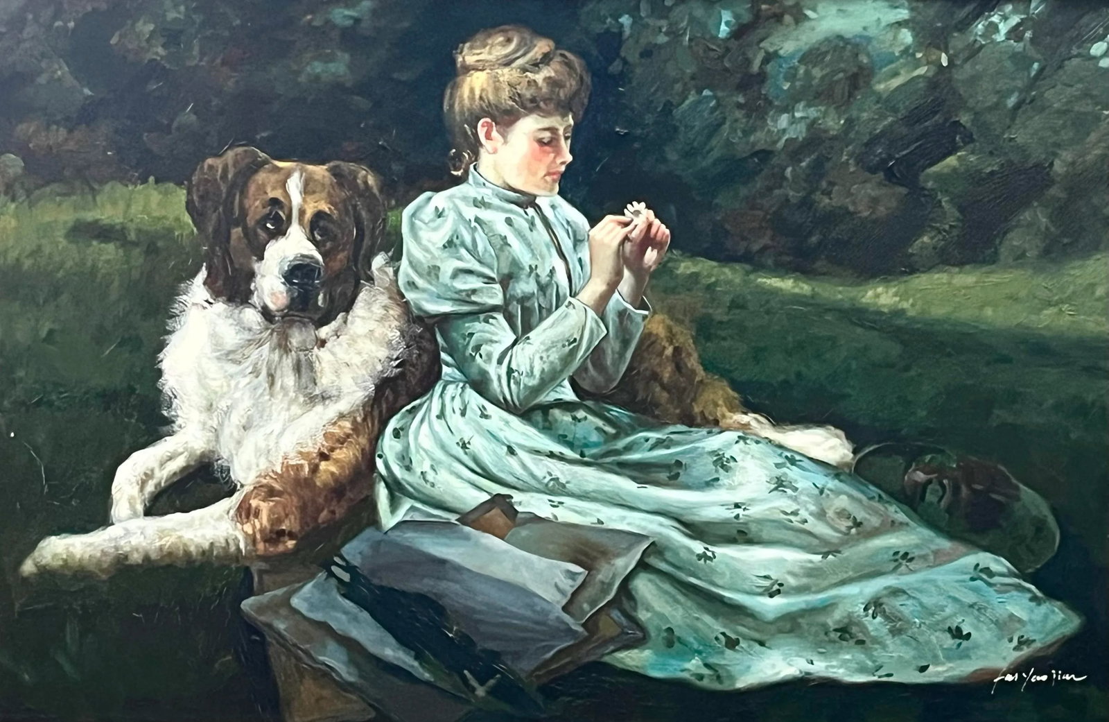 Large Vintage Oil Painting of a Victorian Style Woman With a Flower and Her St. Bernard Dog in a Lan - 9
