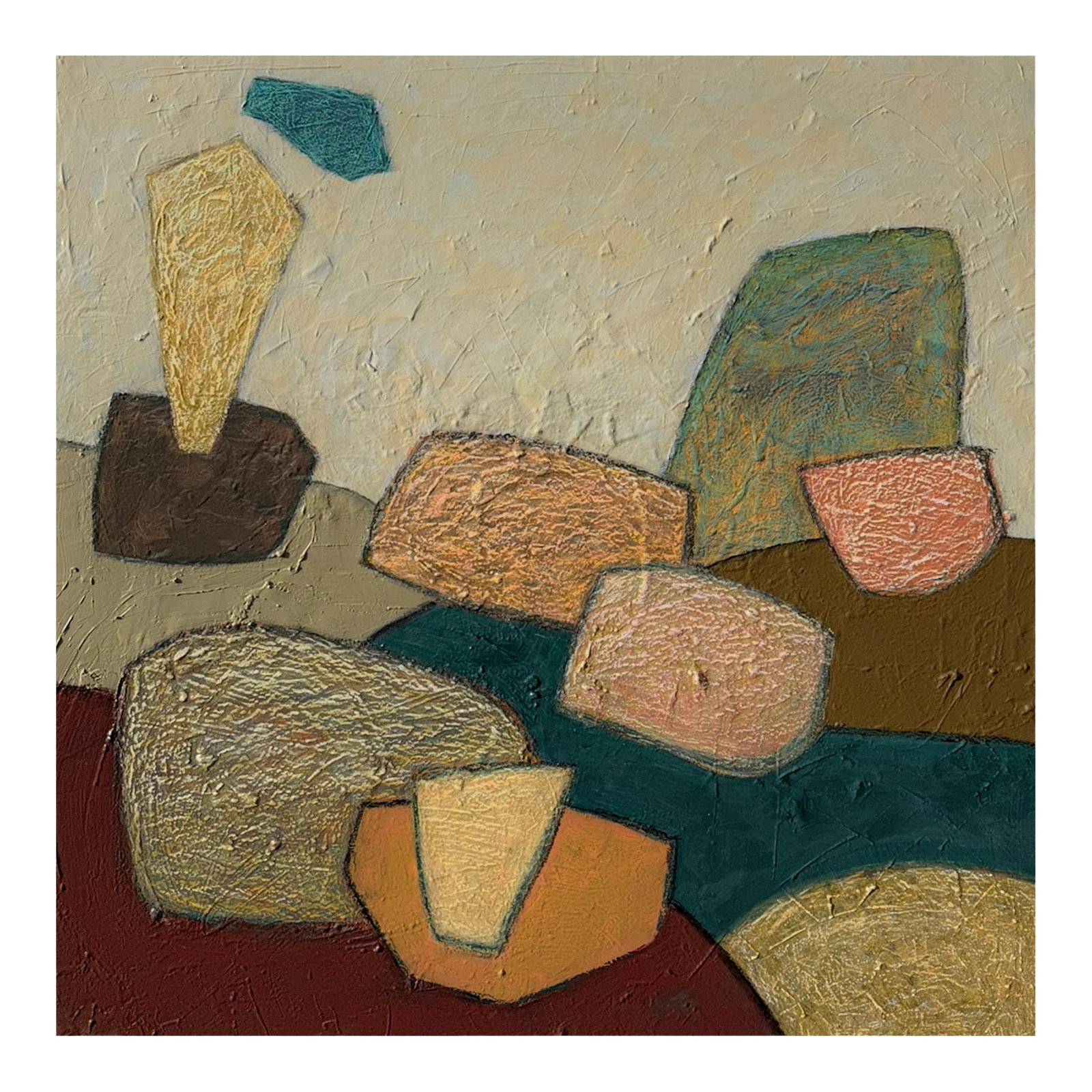 Inside the Idle Hour Original Mixed Media Abstract by Zac Woodiel: Inside the Idle Hour is an original abstract mixed media painting on canvas by Zac Woodiel. This piece is apart of the series "Archeological Longing" from the artist 2025 collection. The artwork is