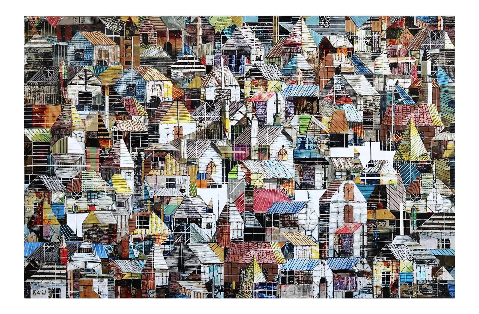 Sublime 2154 - Layered Contemporary Landscape Abstract Cityscape Mixed-Media Painting by TaeHo Kang: Inspired by the artists of the Modern Art era, including Post-Impressionist Paul Cezanne, Kang visualizes the modern-day search for identity in an age where information and images permeate every aspec