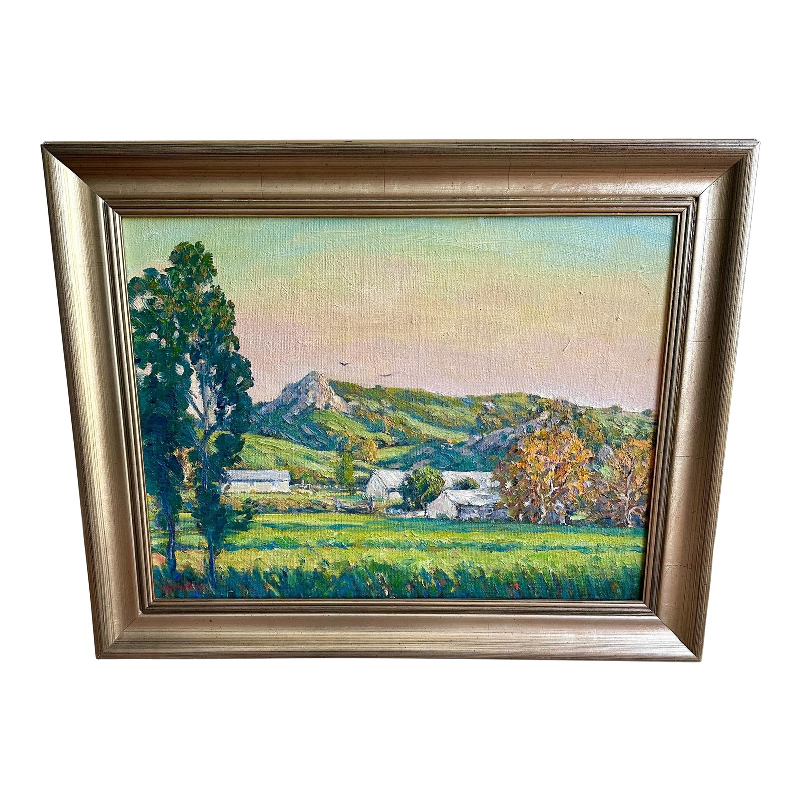 Modern Gary Ray Plein Air Oil Linen Wood Frame Signed California Landscape Painting: Ray " San Luis Obispo Farm Gary Ray" Appears to have been framed in 2009 A dramatic painting by Gary Ray in the impressionist style.- The composition, the colors and the deft brushstrokes - makes