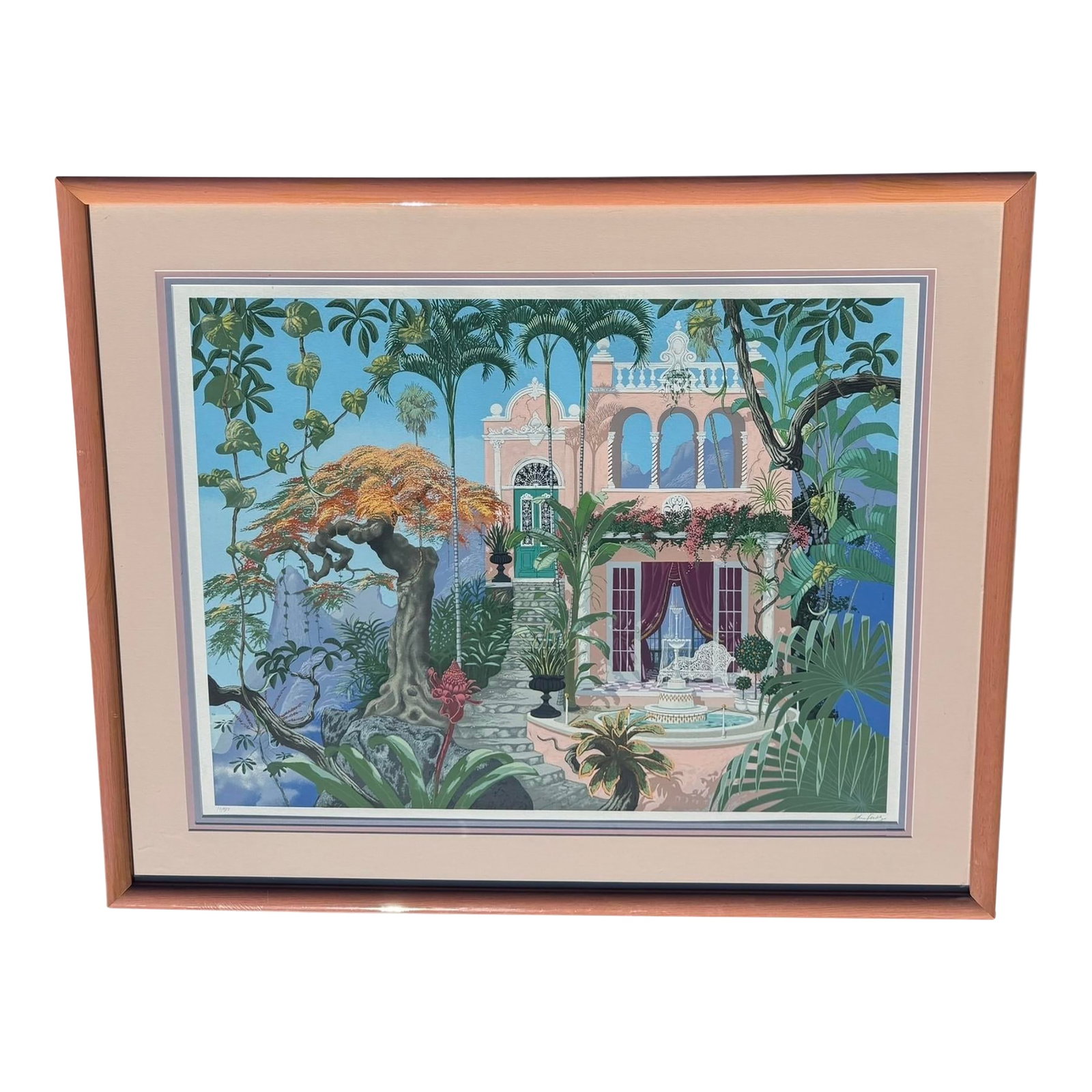 1980s John Kiraly Signed & Numbered "Poinciana Palace" Limited Edition Print: This striking signed and numbered limited edition serigraph is by John Kiraly and entitled "Poinciana Palace". It is number 10/300. Measures 47" x 39". The image alone measures 28"x37".