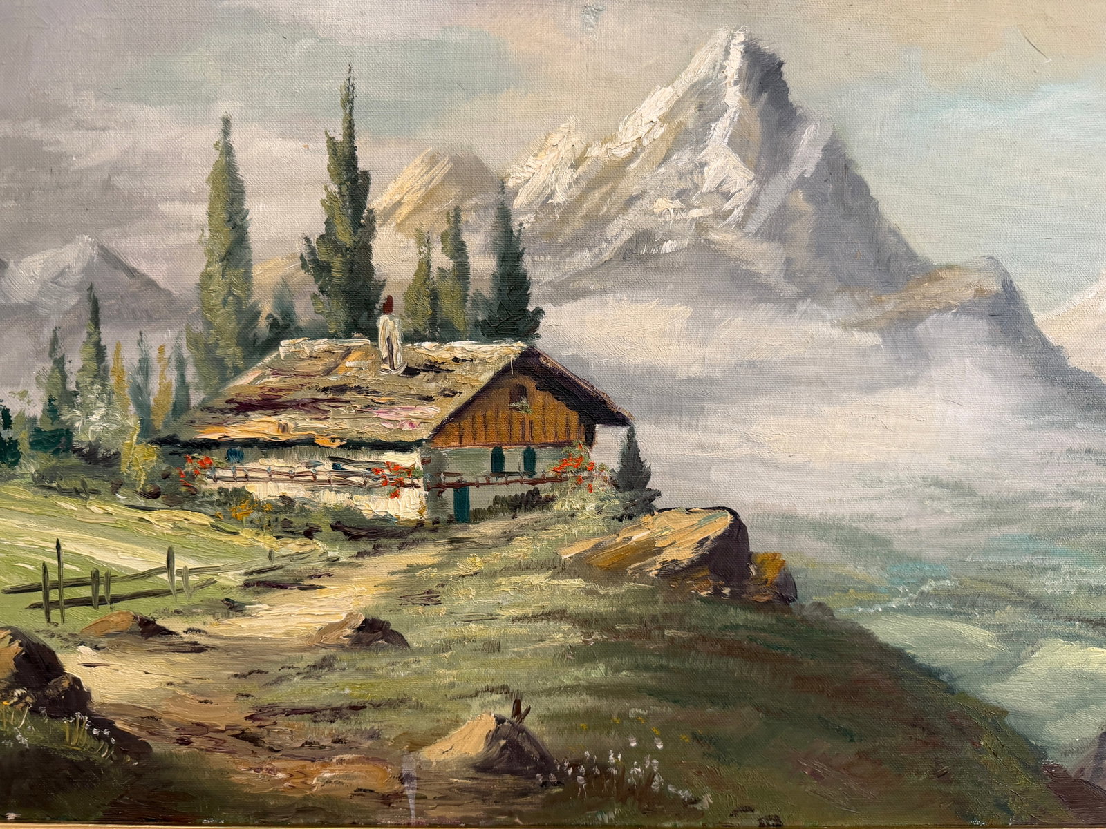Vintage Alpine Mountain Landscape With Chalet - Oil on Canvas - Signed Rosetto - 11