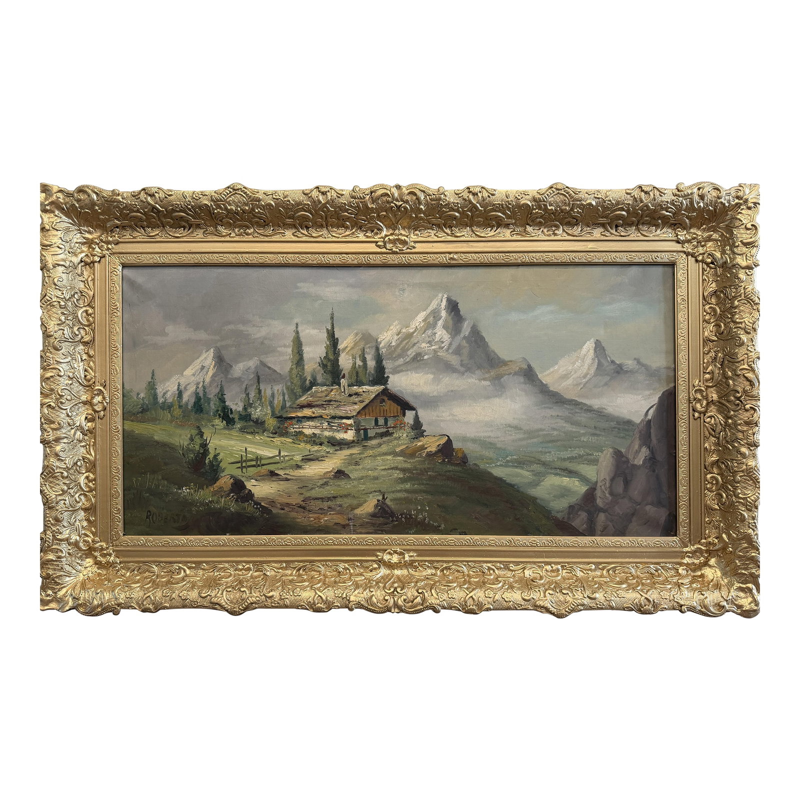 Vintage Alpine Mountain Landscape With Chalet - Oil on Canvas - Signed Rosetto: This vintage oil on canvas depicts a serene alpine mountain landscape centered around a rustic chalet perched on a grassy hillside. Tall evergreen trees frame the structure, while a winding path