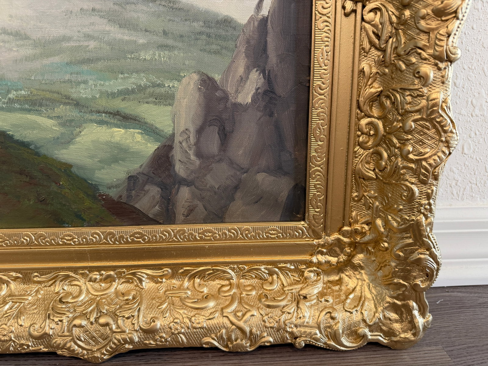 Vintage Alpine Mountain Landscape With Chalet - Oil on Canvas - Signed Rosetto - 4
