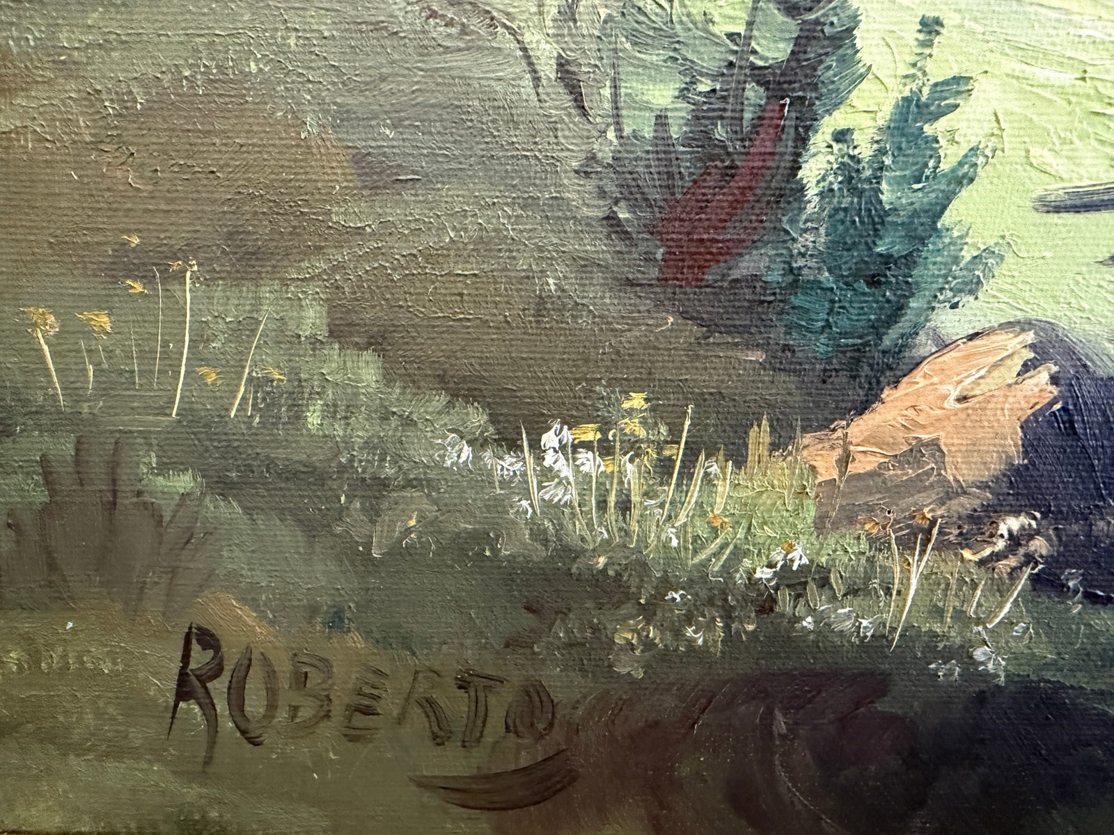 Vintage Alpine Mountain Landscape With Chalet - Oil on Canvas - Signed Rosetto - 6