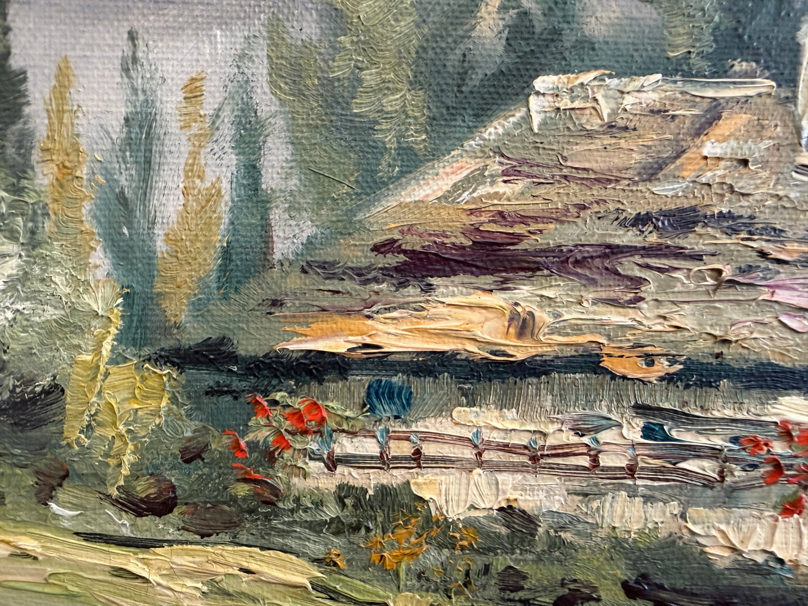 Vintage Alpine Mountain Landscape With Chalet - Oil on Canvas - Signed Rosetto - 7