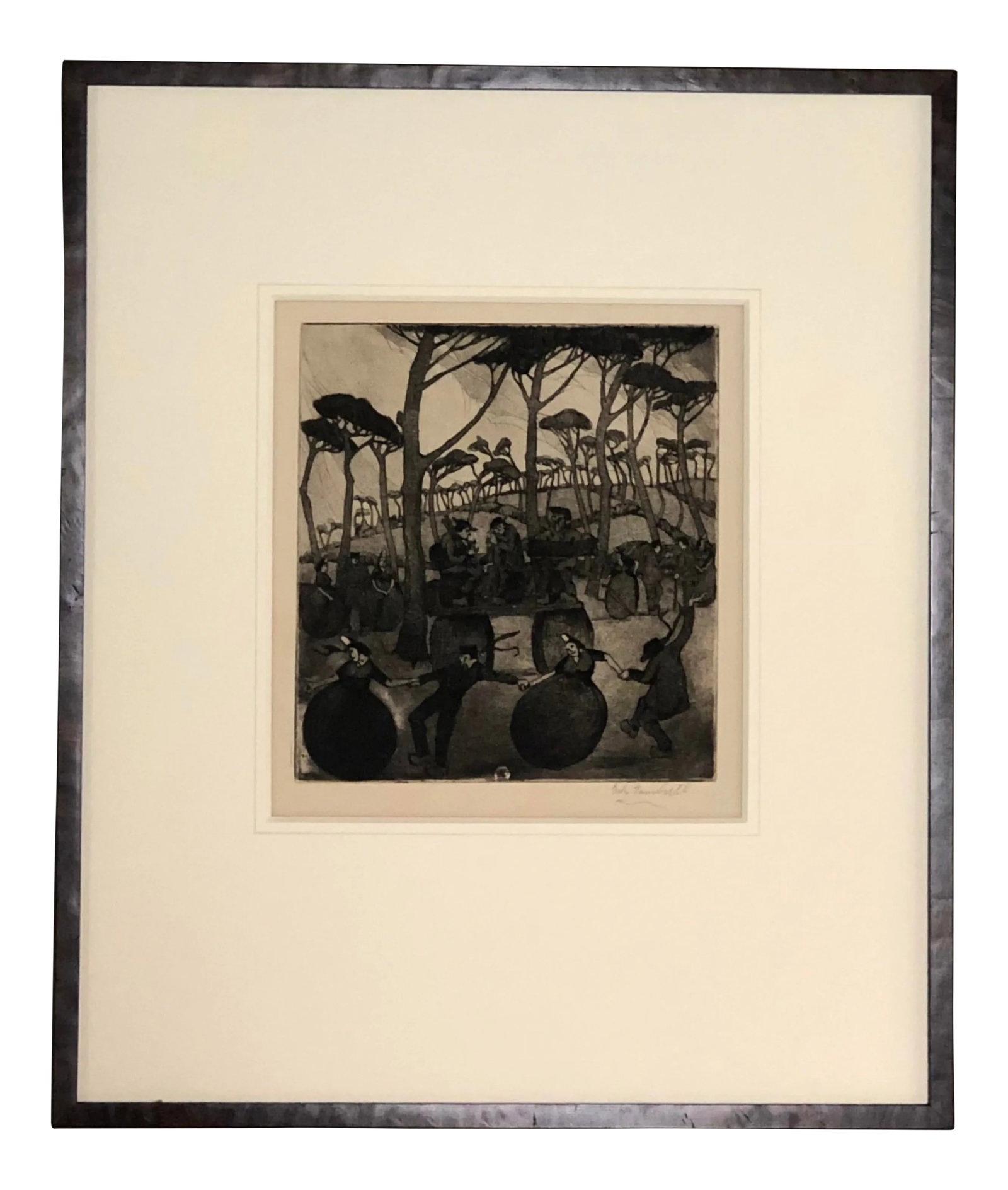 Gale Turnbull Signed Framed Etching Artwork, 1920's: A gorgeous plate etching by Gale Turnbull, untitled, circa 1920's, and beautifully framed with burl walnut, with an ivory mat and plexiglass front. Signed lower right. Approximate dimensions overall