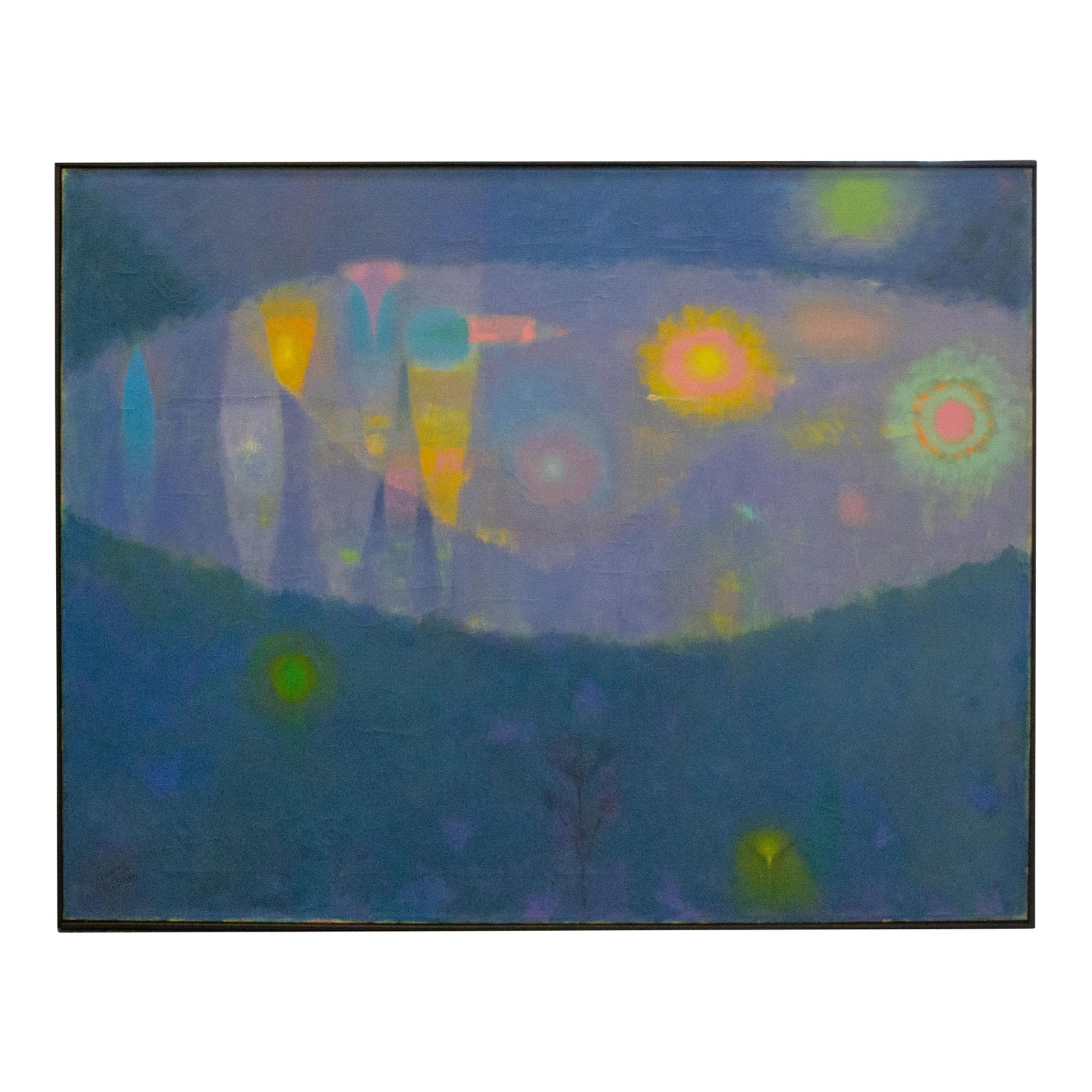 Signed "Moon Flower" Abstract Oil on Canvas Painting by Martin Friedman: An oil on canvas painting by the Hungarian-American artist Martin Friedman (1896-1981) titled Moon Flower. This broody abstract oil painting features a peaceful landscape with colorful objects