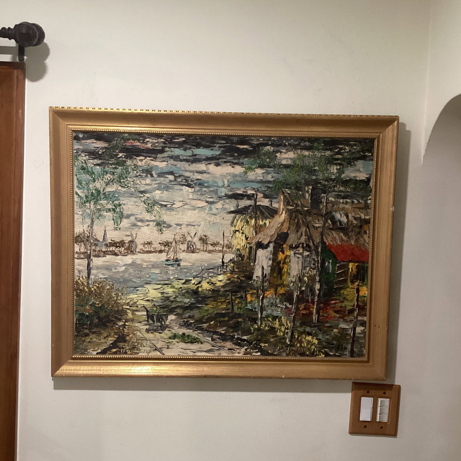 Vintage Oil Painting on Canvas Harbor Scene " De Vecht Holland " Signed Framed - 12