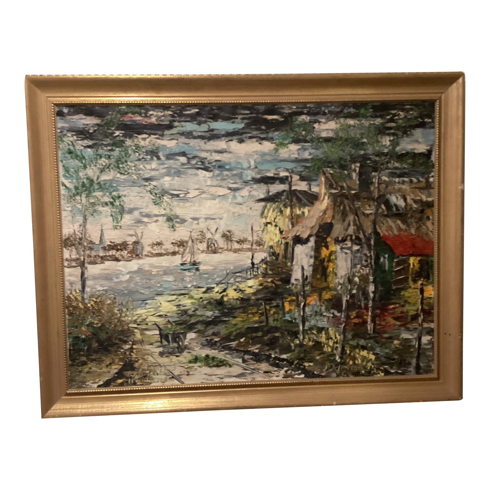 Vintage Oil Painting on Canvas Harbor Scene " De Vecht Holland " Signed Framed: This vintage oil painting on canvas depicts a harbor scene in Holland titled "De Vecht Holland". The impressionistic artwork captures the essence of the nautical theme, making it a unique and