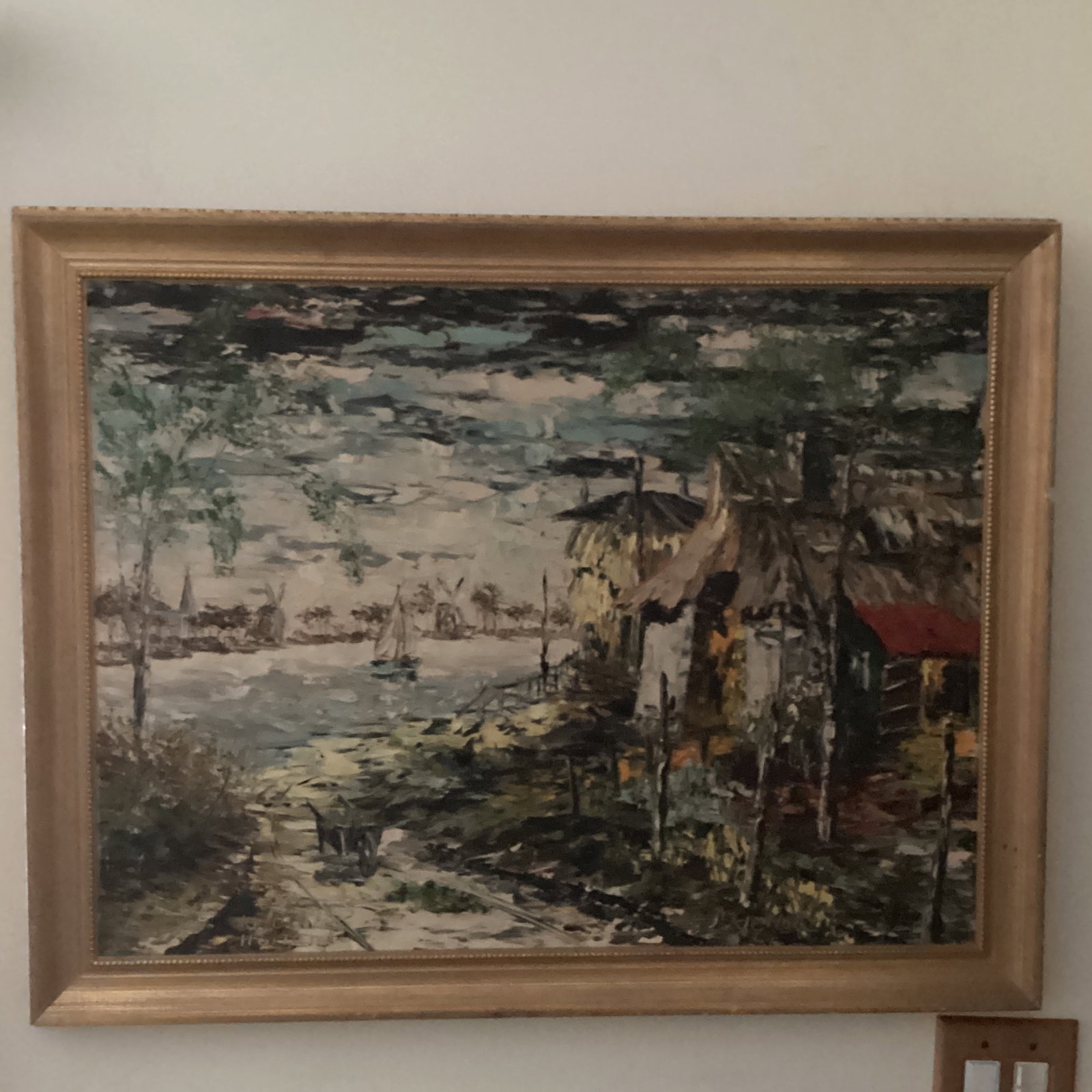 Vintage Oil Painting on Canvas Harbor Scene " De Vecht Holland " Signed Framed - 2