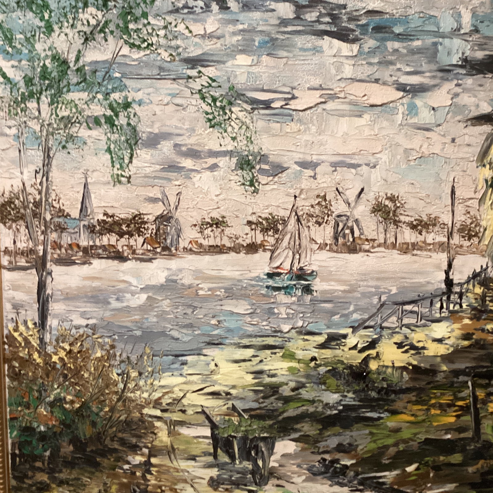 Vintage Oil Painting on Canvas Harbor Scene " De Vecht Holland " Signed Framed - 3