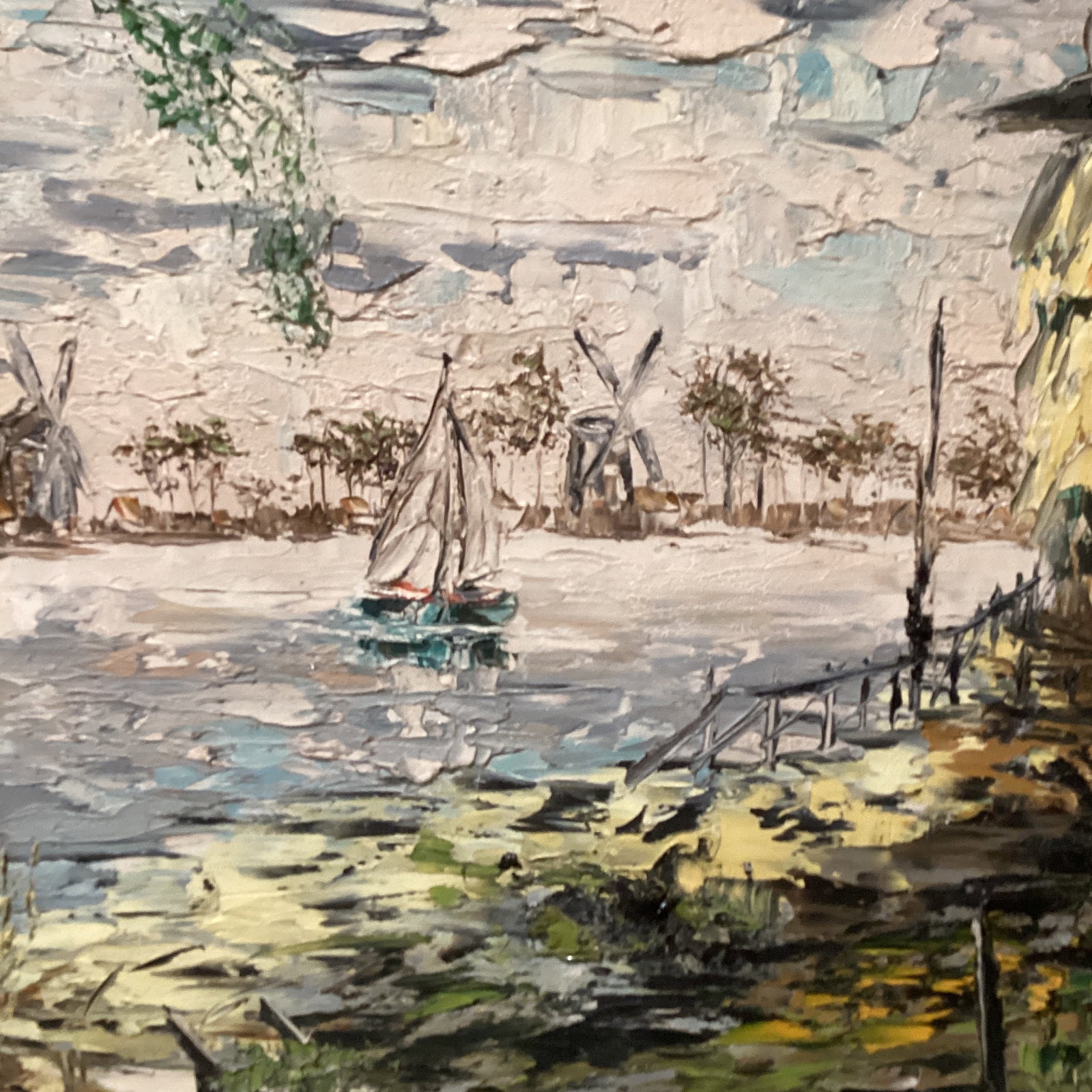 Vintage Oil Painting on Canvas Harbor Scene " De Vecht Holland " Signed Framed - 5
