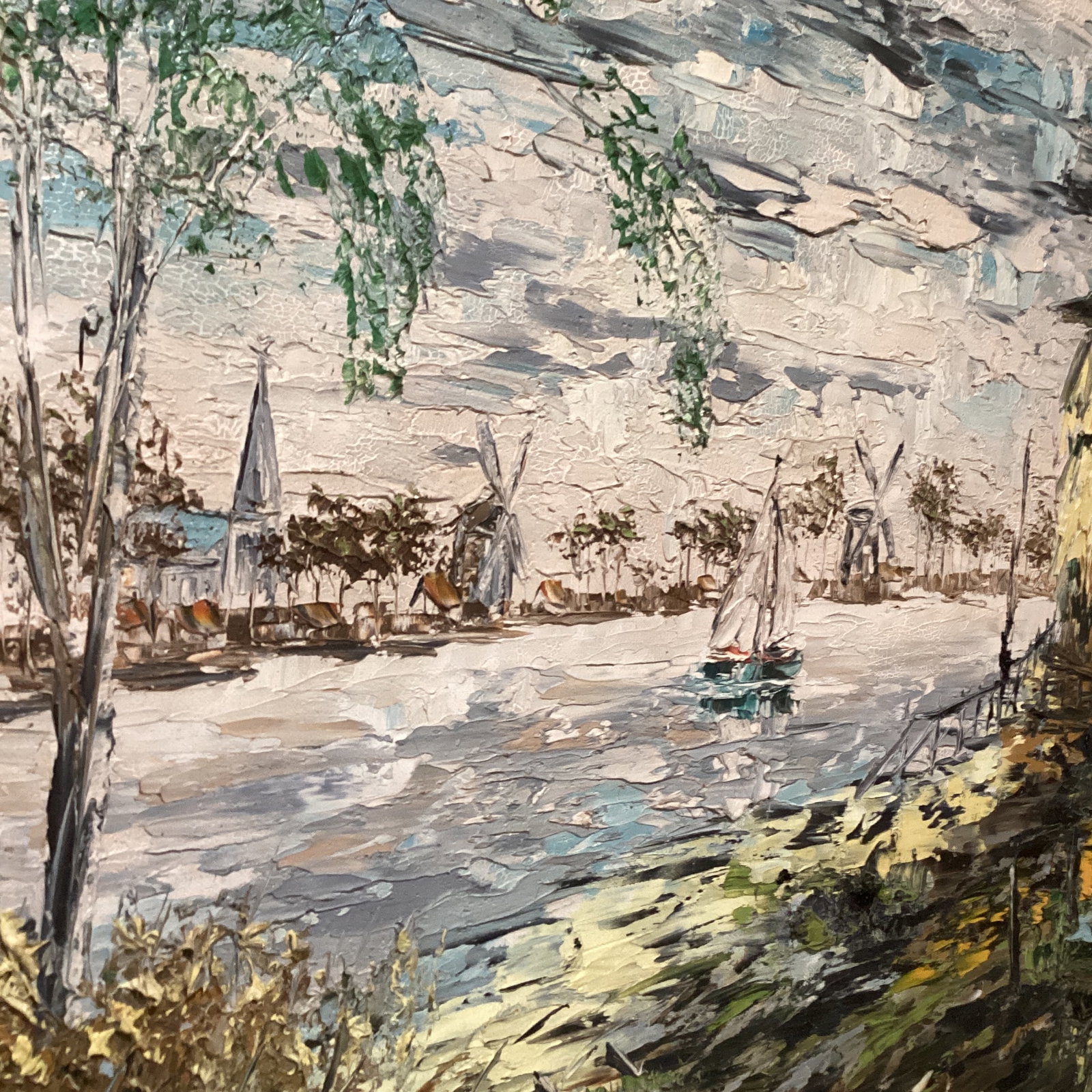 Vintage Oil Painting on Canvas Harbor Scene " De Vecht Holland " Signed Framed - 7