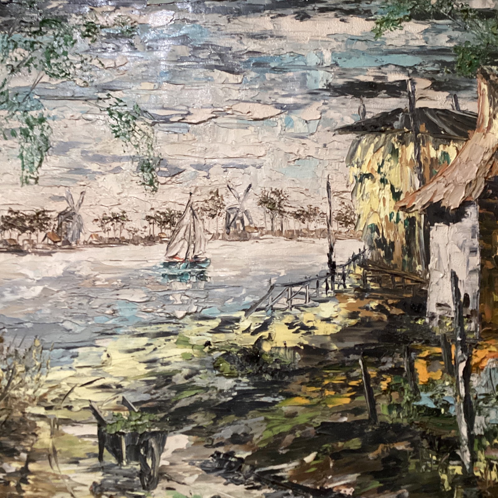Vintage Oil Painting on Canvas Harbor Scene " De Vecht Holland " Signed Framed - 8
