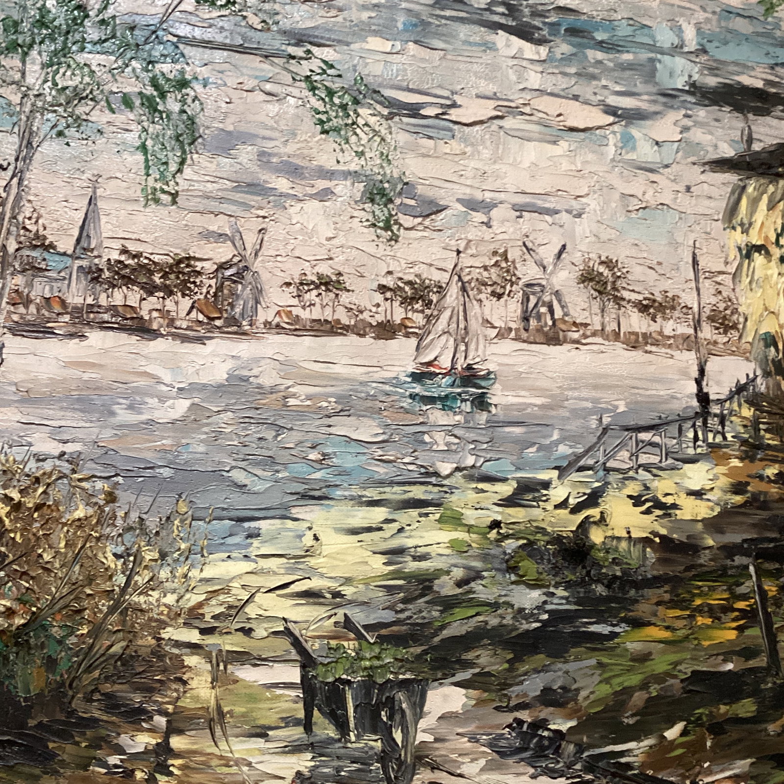 Vintage Oil Painting on Canvas Harbor Scene " De Vecht Holland " Signed Framed - 9