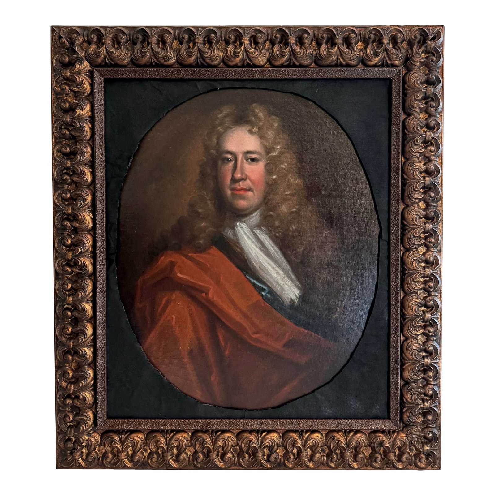Early 18th Century English Portrait of an Gentleman in Powdered Wig: This listing is for an early 18th century English portrait of a gentleman. The painting depicts a man in red sash and powdered wig. This painting comes in a later gilt wood frame. This painting is in