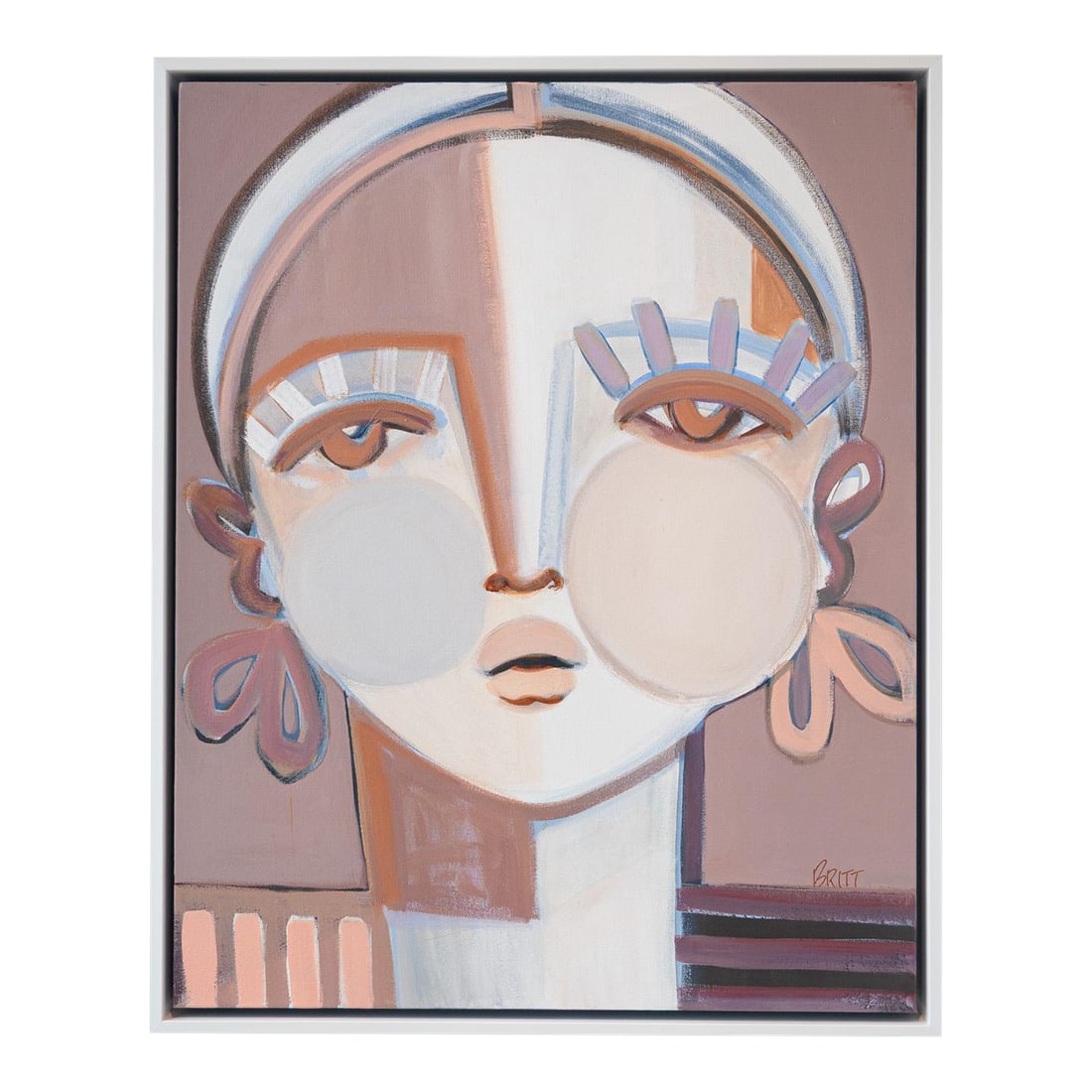 Portrait by Brittany Atkinson Titled Hazel Grace: This geometric, fashionable portrait features neutral tones and a white float frame. Purples, pinks, and cream colors combine to make a soft pallet highlighting the features of Hazel Grace.