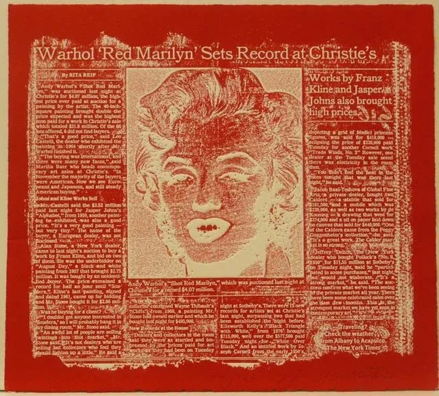1990 "Red Marilyn" Pop Art Style Etching by William Anastasi: Red Marilyn, 1990 Etching with Puff Ink 13 1/4 * 14 1/2 in 33.7 * 36.8 cm Edition of 36 This artwork was created by William Anastasi after the cover of the New York Times proclaiming that the "Red