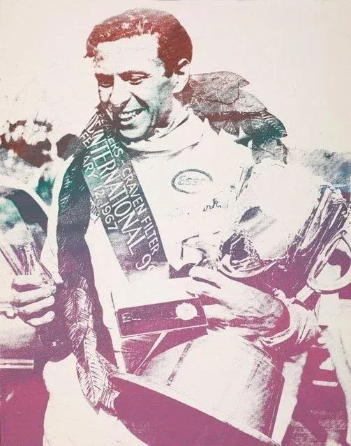 David Lawrence Jim Clark, 1965 Formula One World Champion, #2, 2012 Hand Printed Silkscreen Monoprin: Jim Clark, 1965 Formula One World Champion, #2, 2012 Unique Hand Printed Silkscreen Monoprint on Paper, Published by the Artist 42 * 30 in 106.7 * 76.2 cm