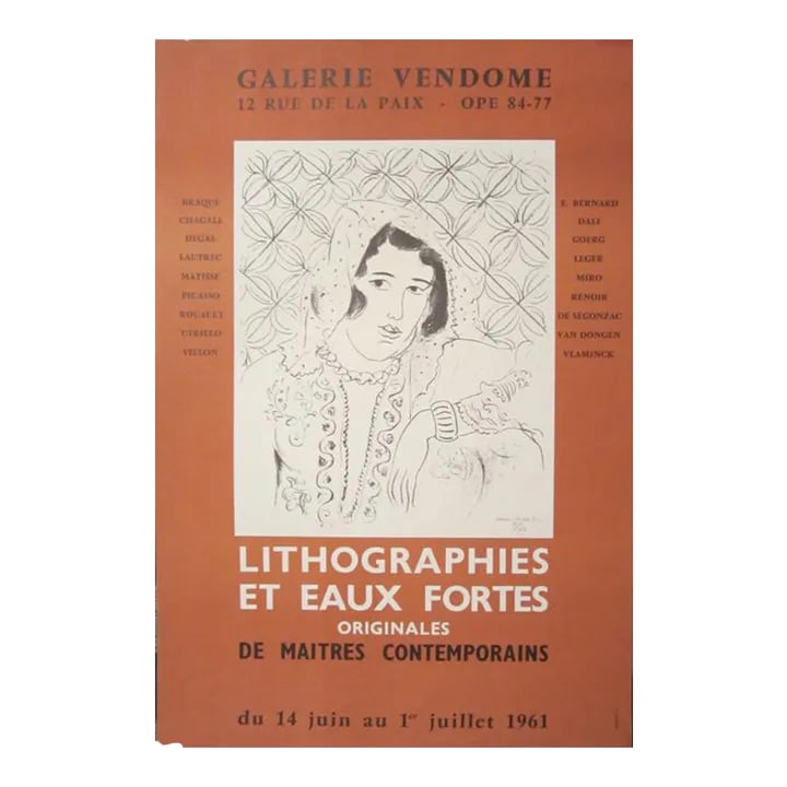 Henri Matisse French, 1869-1954 Galerie Vendome, Lithographies et Eaux Fortes, 1961: Galerie Vendome, Lithographies et Eaux Fortes, 1961 Lithographic Gallery Opening Poster 20 * 13 1/4 in 50.8 * 33.7 cm Very Good Condition, minor paper loss lower left bottom border Medium: Posters