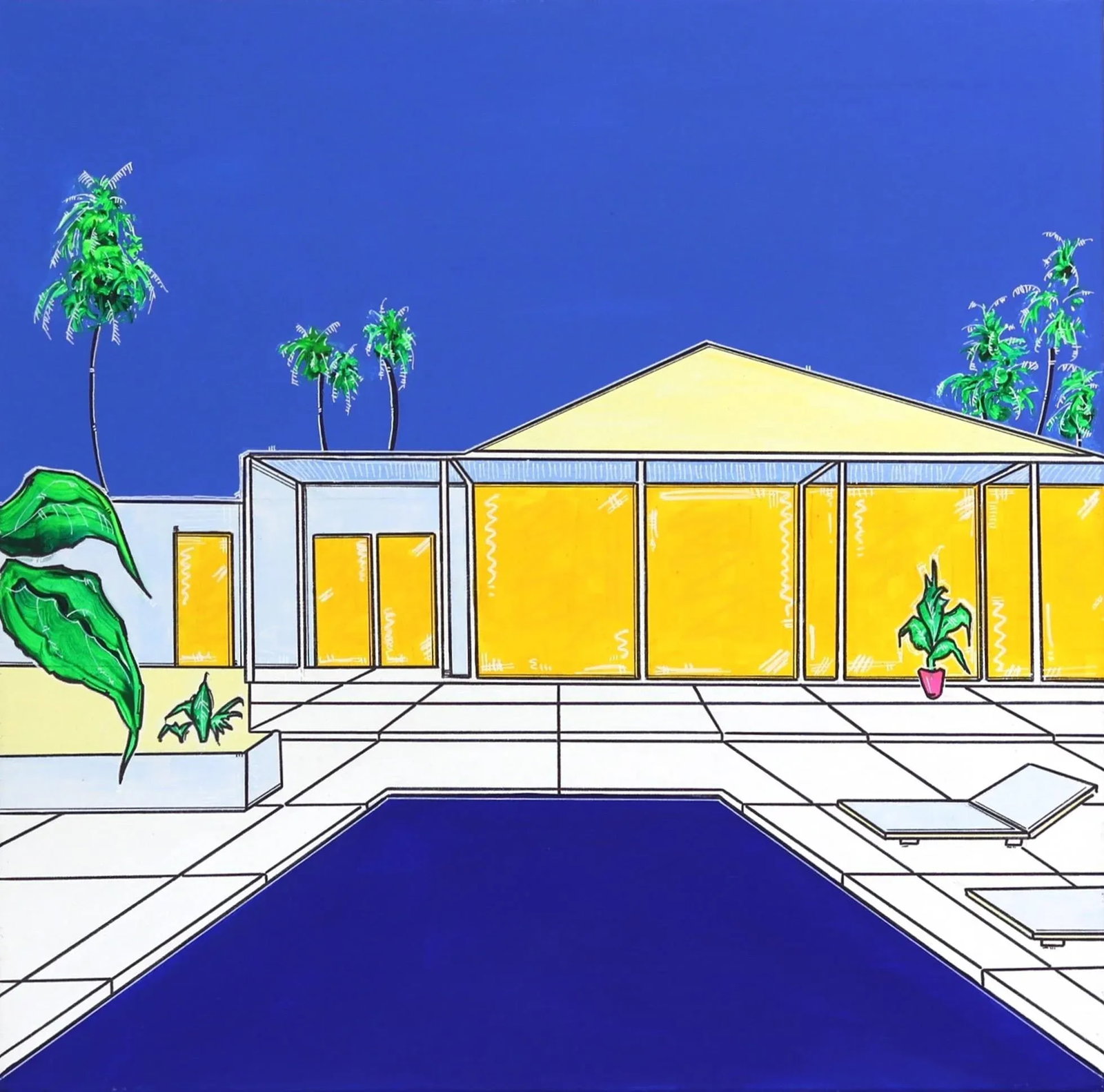 Palm House'' Contemporary House Portrait Acrylic Painting by Jonjo Elliott: English artist Jonjo Elliot's artworks are a collision of expressionistic fauvism and his collections encourage a youthful candor. Plants thrive in environments the viewer wants to immerse themselves 