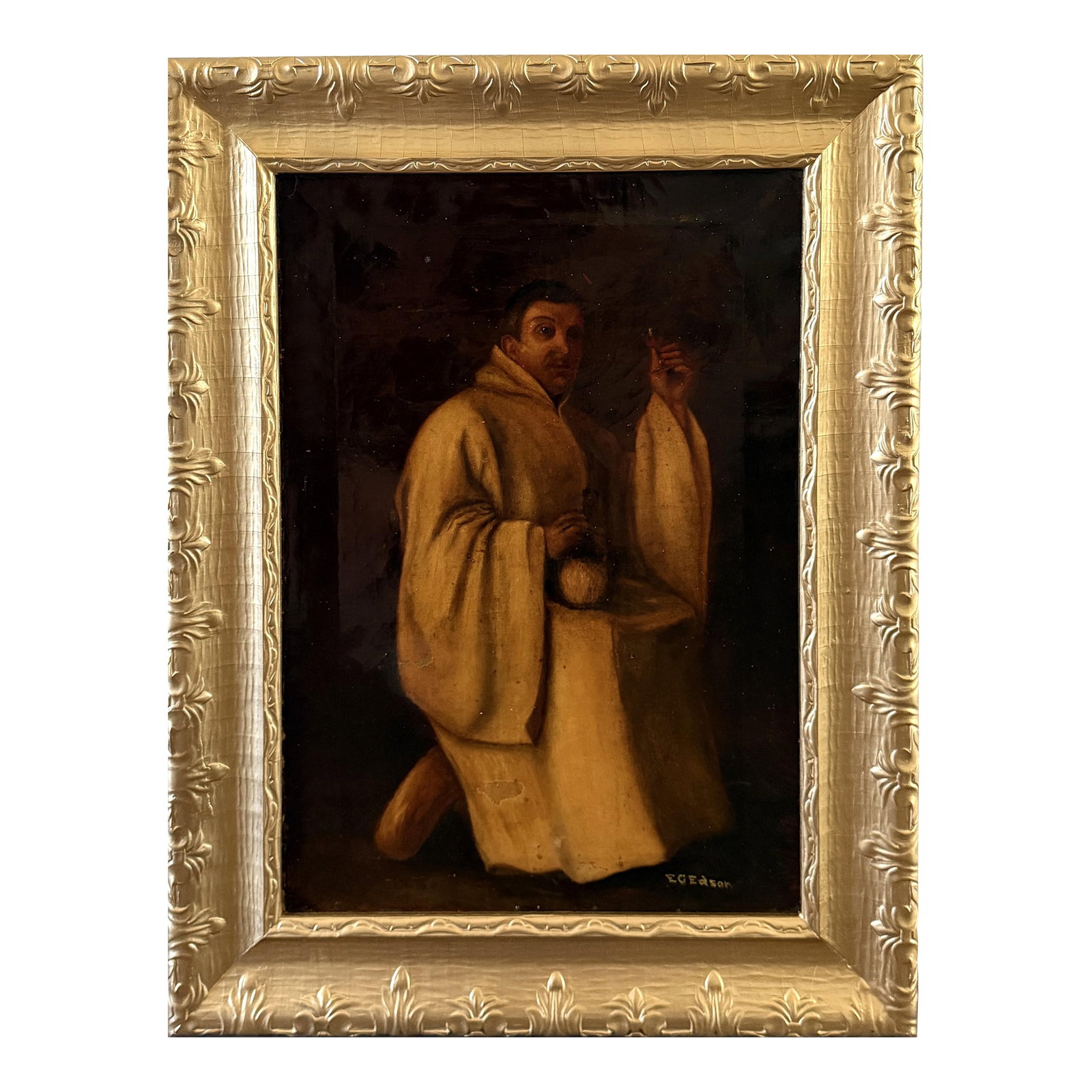 Antique 19c. Oil Painting Monk Portrait by e.c. Edson Gilt Frame Religious Art: An evocative late 19th to early 20th century oil on canvas depicting a kneeling monk or friar in a moment of quiet devotion. Set against a deep, shadowed background, the solitary figure is