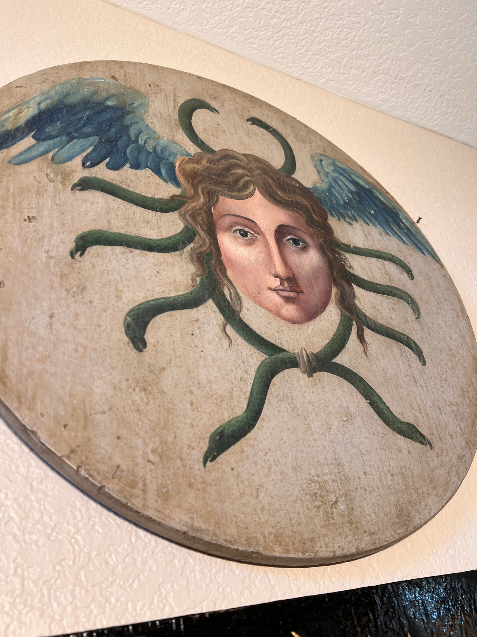 Allegorical Hand-Painted Oil on Wood Baroque Wall Hanging Plaque of Winged Medusa - 14