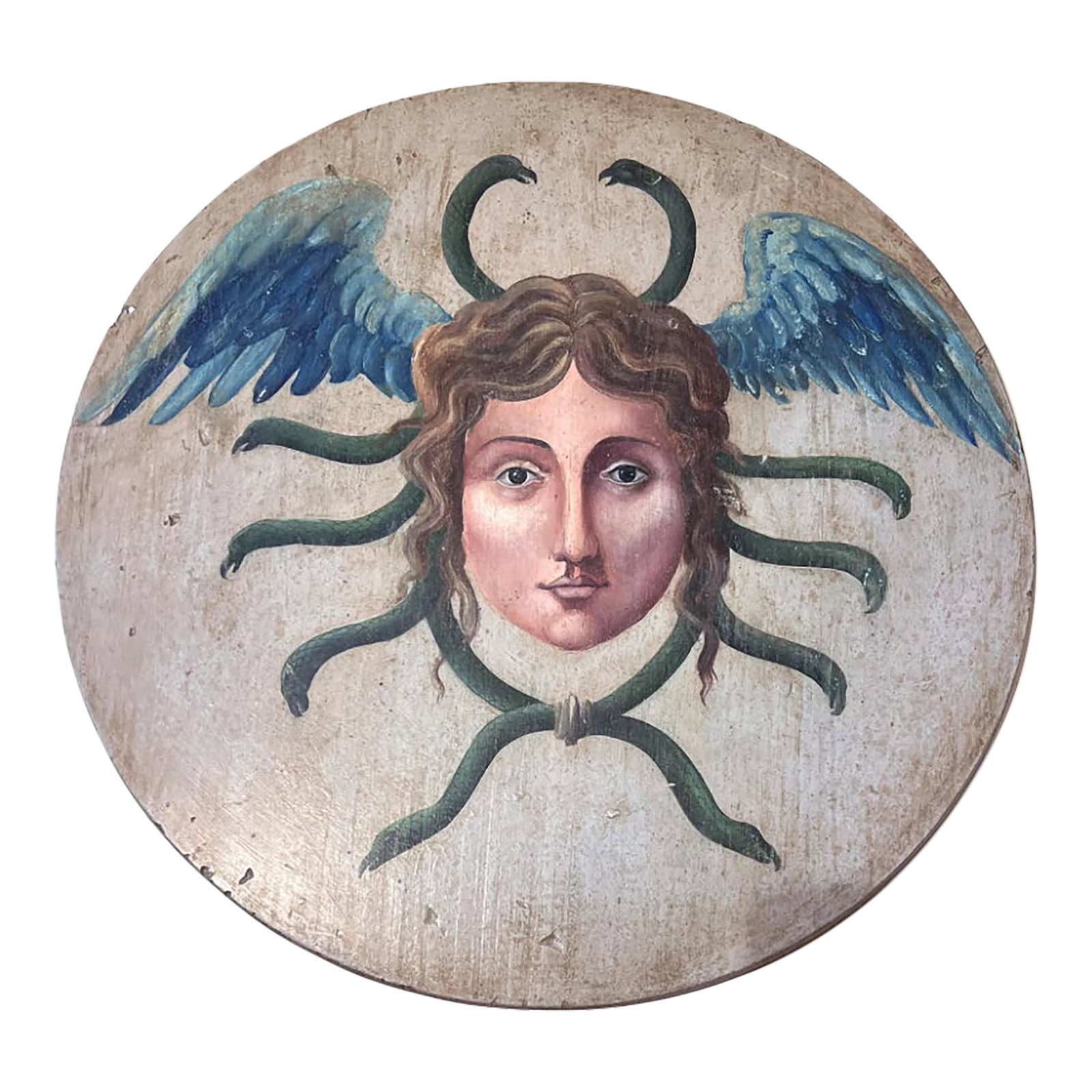 Allegorical Hand-Painted Oil on Wood Baroque Wall Hanging Plaque of Winged Medusa: Antique hand-painted Oil on Wood Baroque Wall Hanging Plaque of Winged Medusa. Fine Quality hand painted round wall hanging plaque, depicting winged female face with several snake monsters around her 