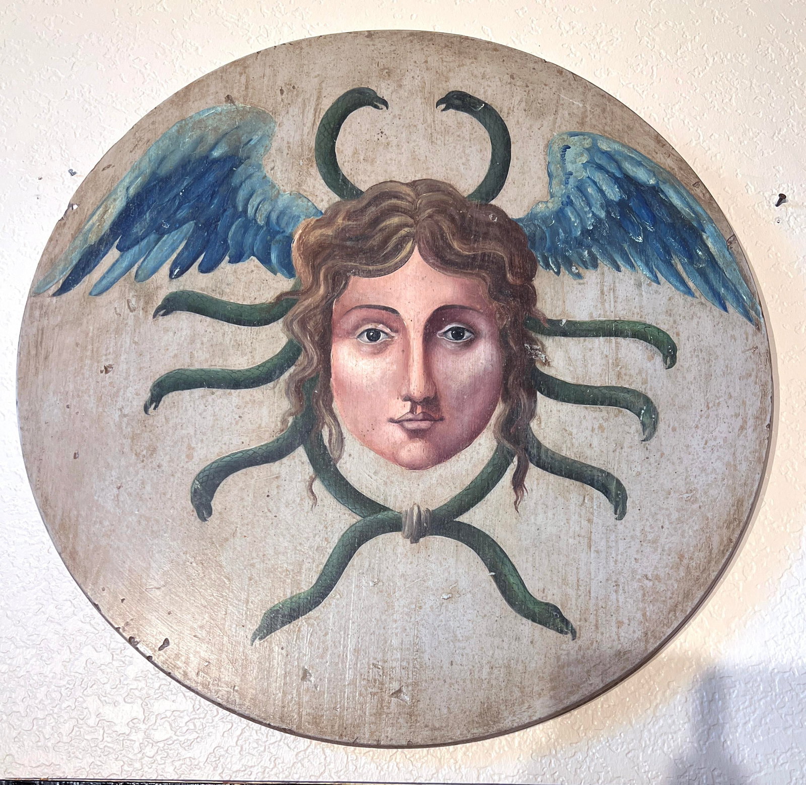 Allegorical Hand-Painted Oil on Wood Baroque Wall Hanging Plaque of Winged Medusa - 2