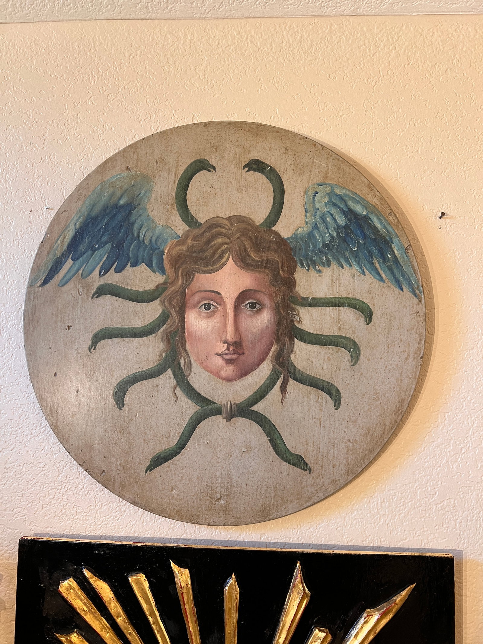 Allegorical Hand-Painted Oil on Wood Baroque Wall Hanging Plaque of Winged Medusa - 6