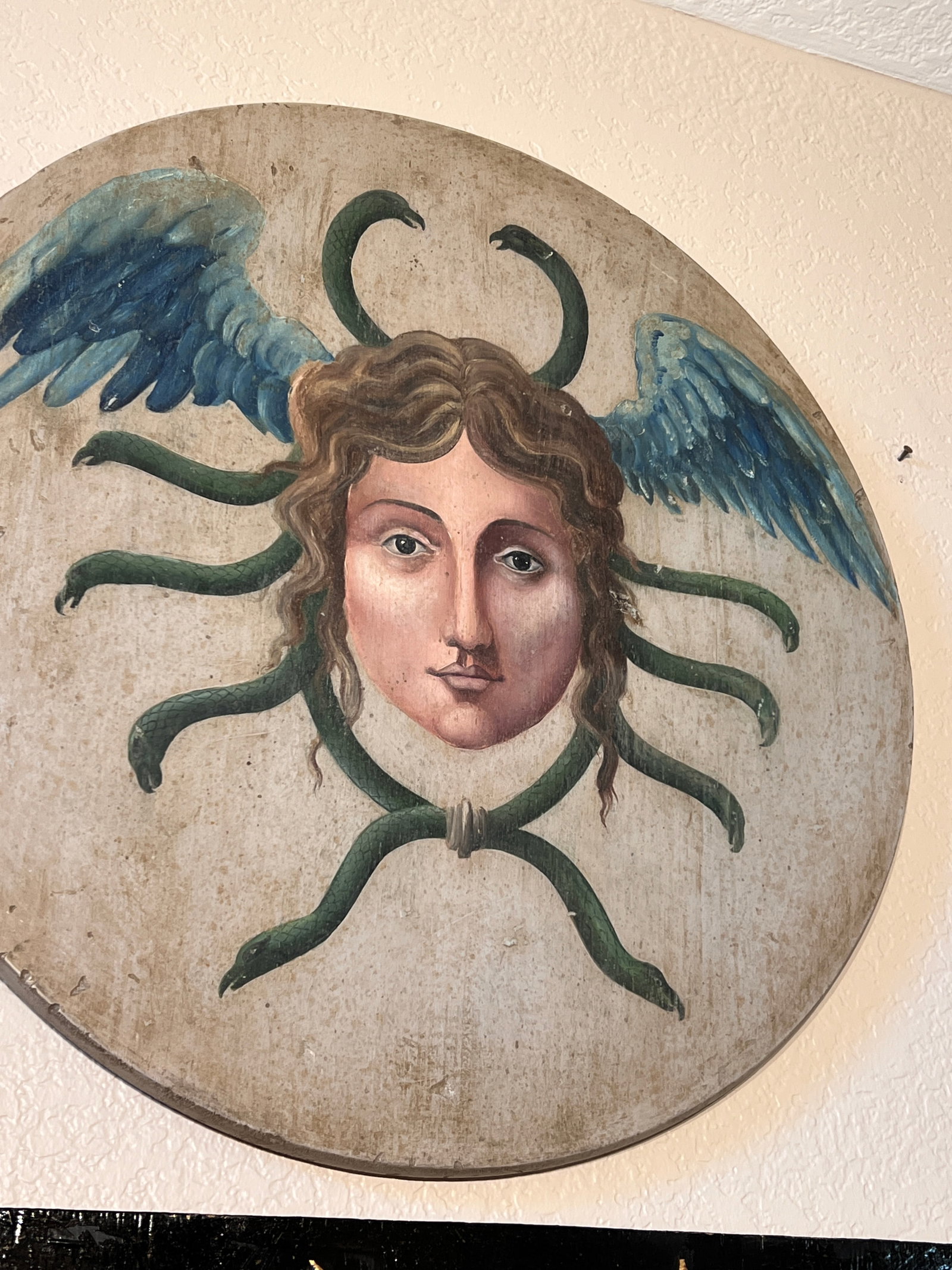 Allegorical Hand-Painted Oil on Wood Baroque Wall Hanging Plaque of Winged Medusa - 9