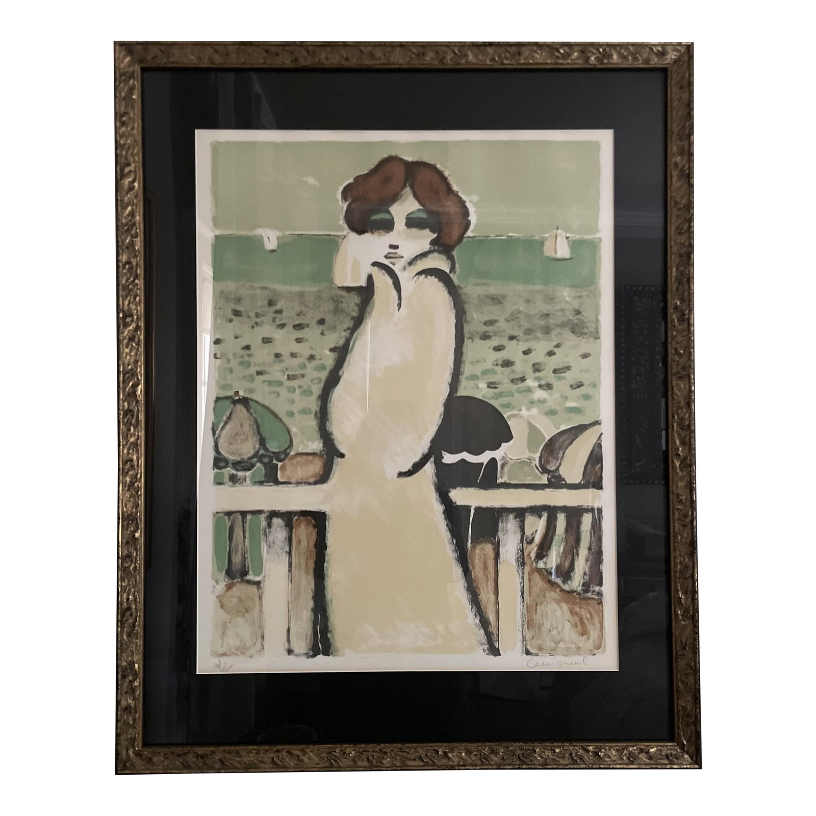 Jean-Pierre Cassigneul (French, B. 1935) Lithograph "Au Bord De Mer" Signed and Numbered: Jean-Pierre Cassigneul (French, b. 1935) color lithograph titled "Au Bord de Mer". Pencil signed lower right. Numbered 20/275. Mounted in a gold and black painted wooden frame with mat under glass.