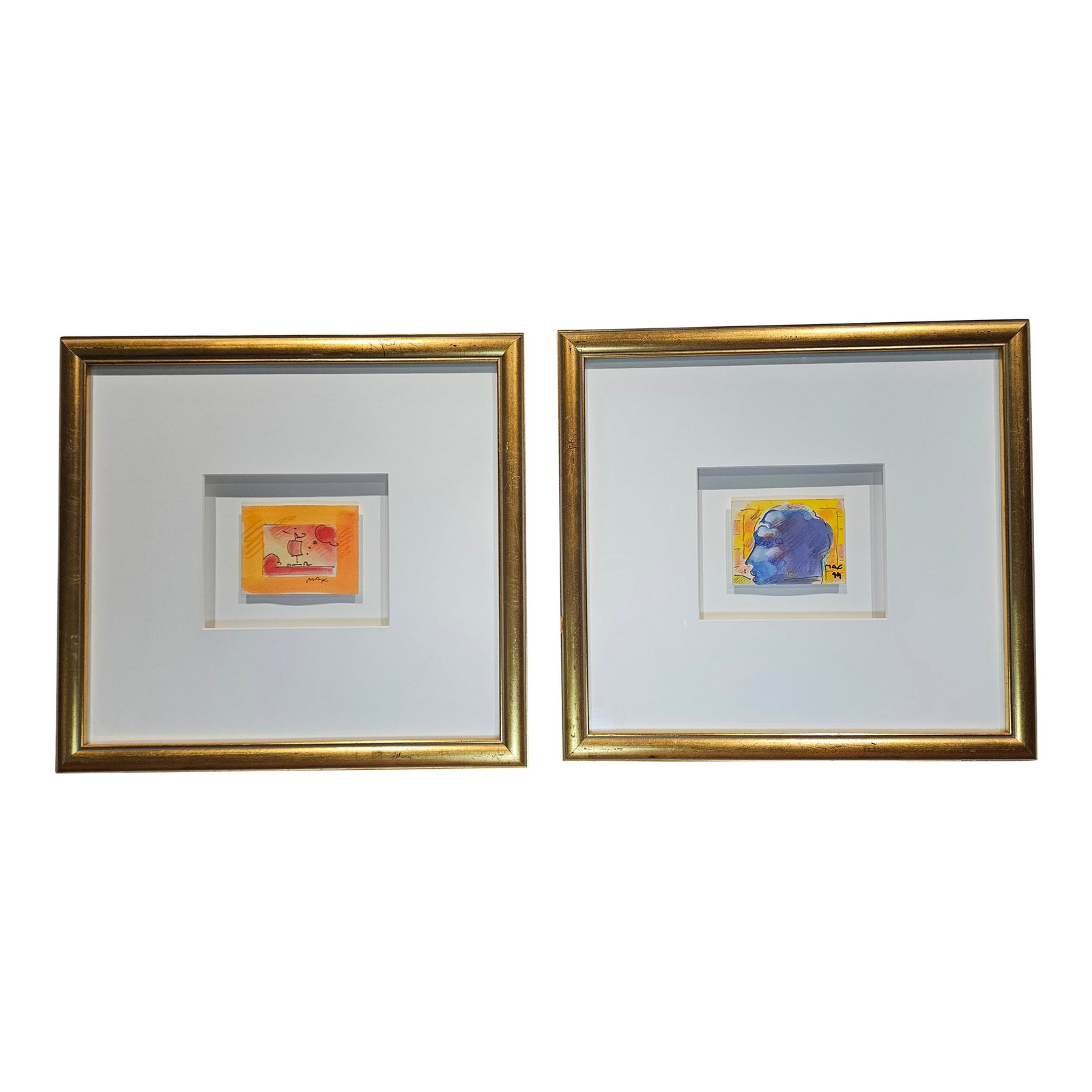 1990s Vibrant Pair of Peter Max Paintings, Signed en Verso: Two vibrant original watercolors by Peter Max, still in their gallery frames, were purchased as a pair in 1999 by an owner of Clover's Cottage. Ready to hang in that perfect spot or add flair to any