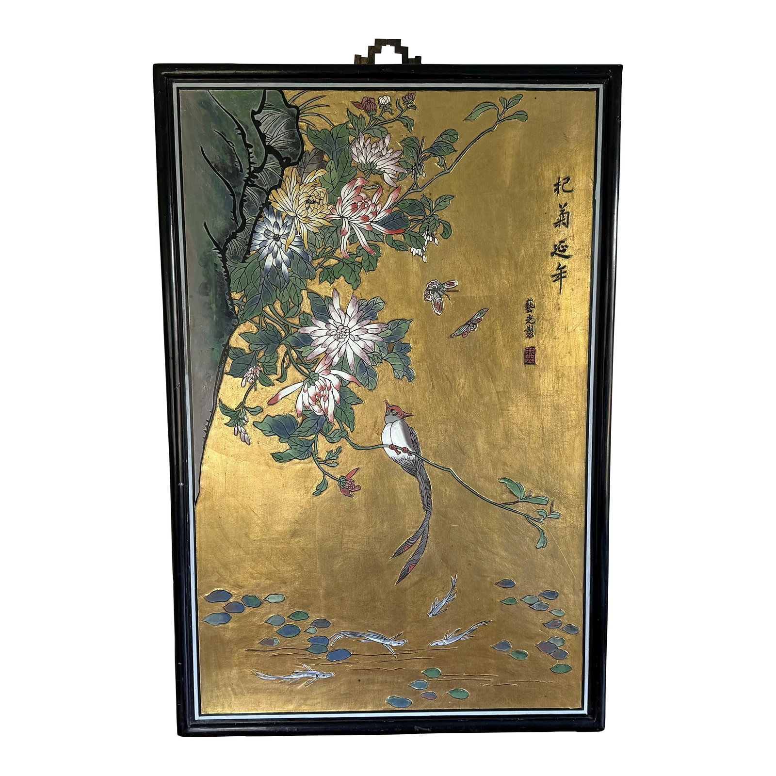Early 20th Century Gold Painted Chinese Wood Carved Relief Panel Bird Koi and Floral Motif: Large Chinese gilt painted wood relief panel with bird, koi and floral motif. Beautifully painted and carved. Measures 36 1/2" x 24". The detail is raised wood which has been painted in beautiful
