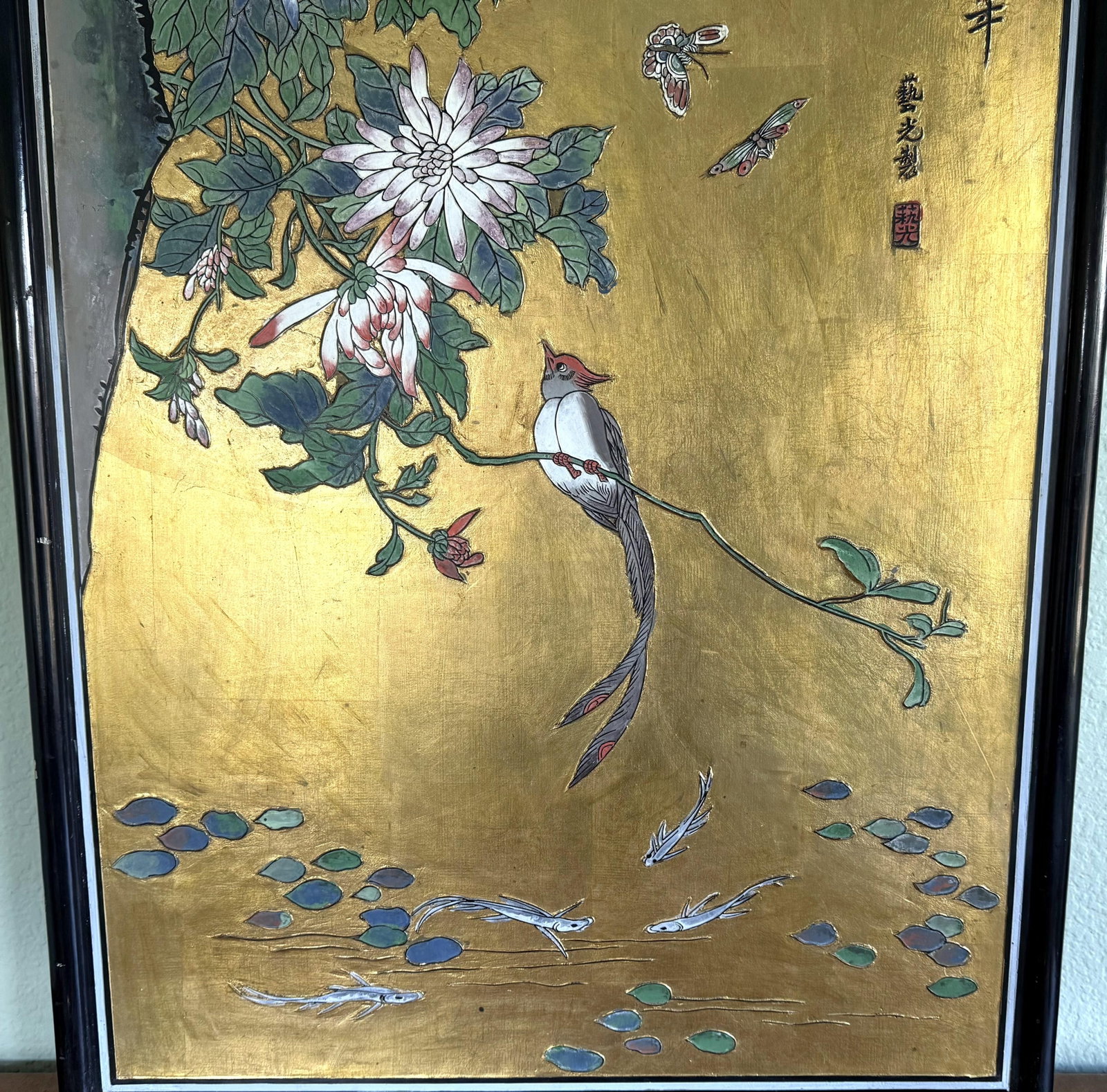 Early 20th Century Gold Painted Chinese Wood Carved Relief Panel Bird Koi and Floral Motif - 3