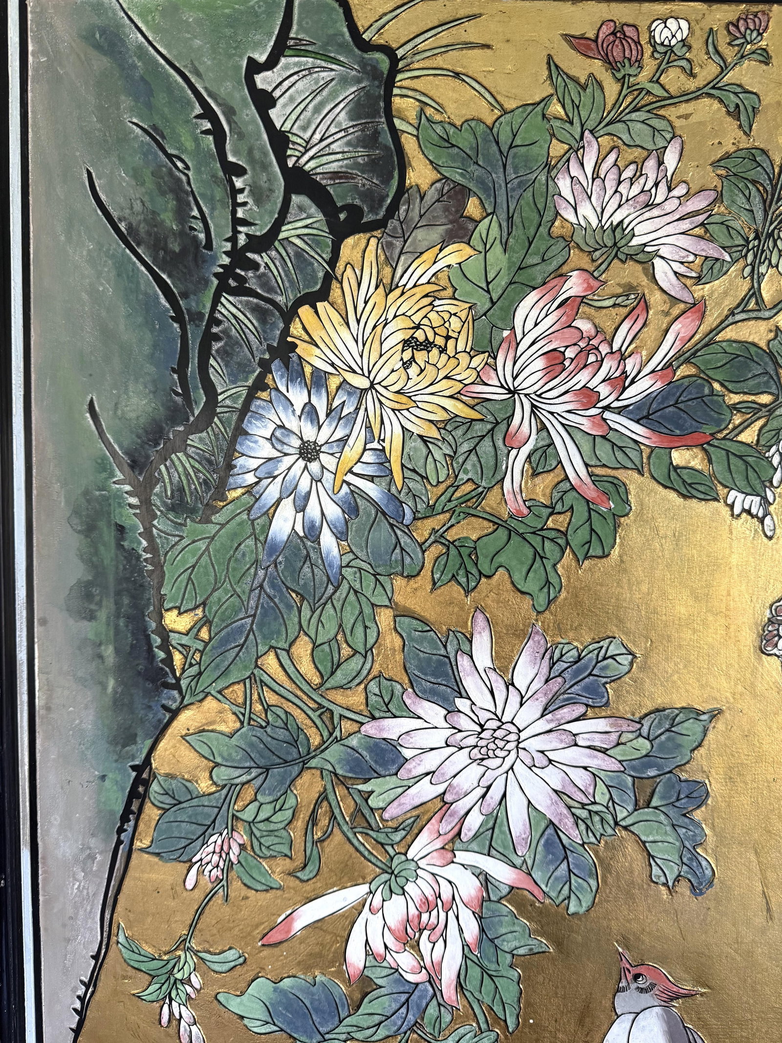 Early 20th Century Gold Painted Chinese Wood Carved Relief Panel Bird Koi and Floral Motif - 5