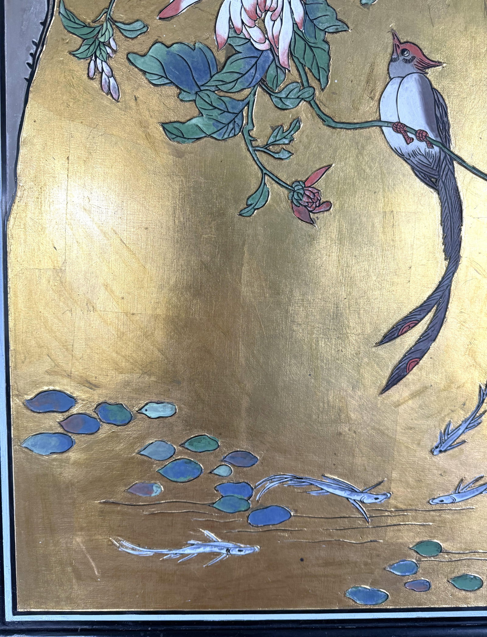 Early 20th Century Gold Painted Chinese Wood Carved Relief Panel Bird Koi and Floral Motif - 6