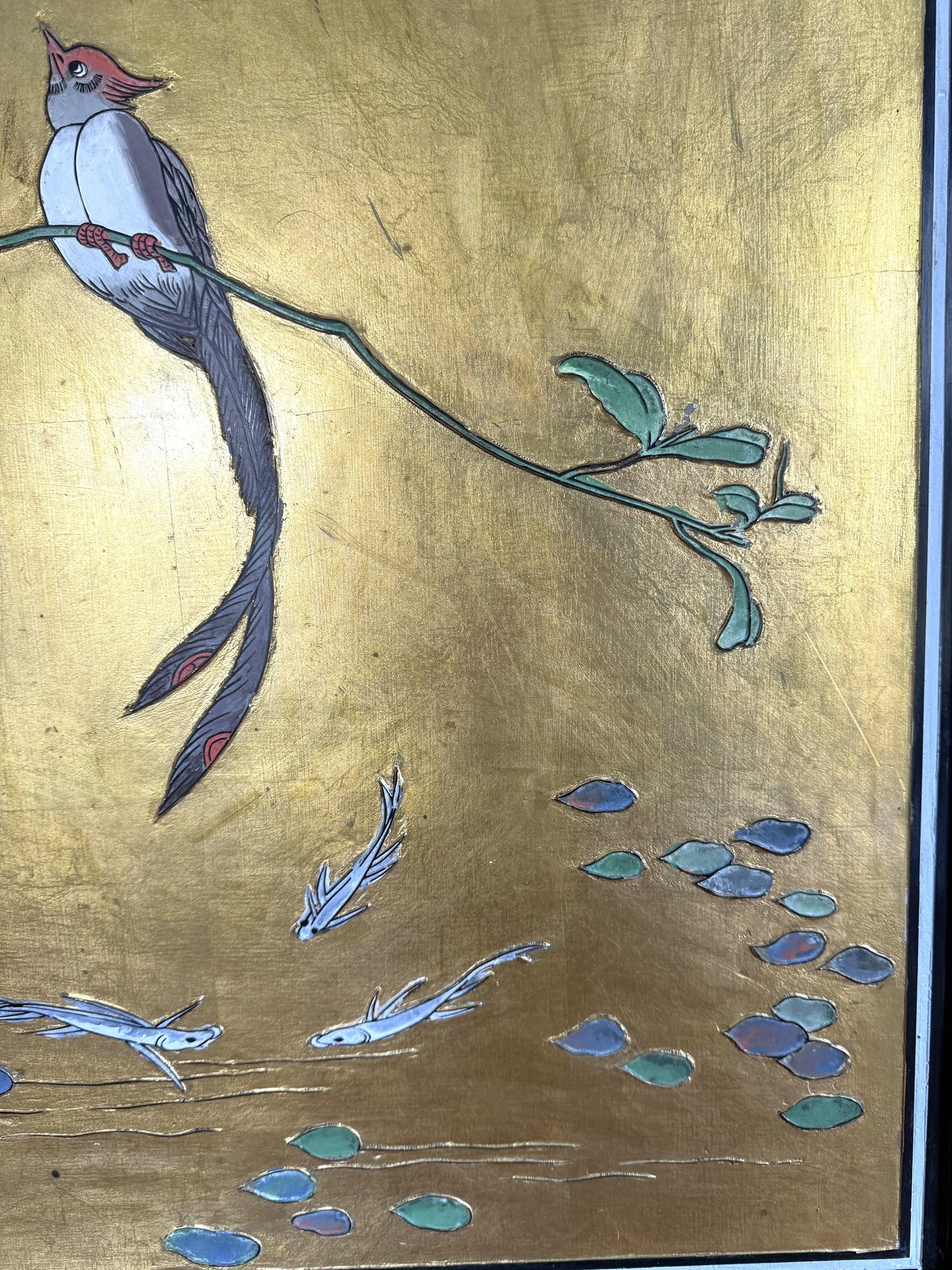 Early 20th Century Gold Painted Chinese Wood Carved Relief Panel Bird Koi and Floral Motif - 8