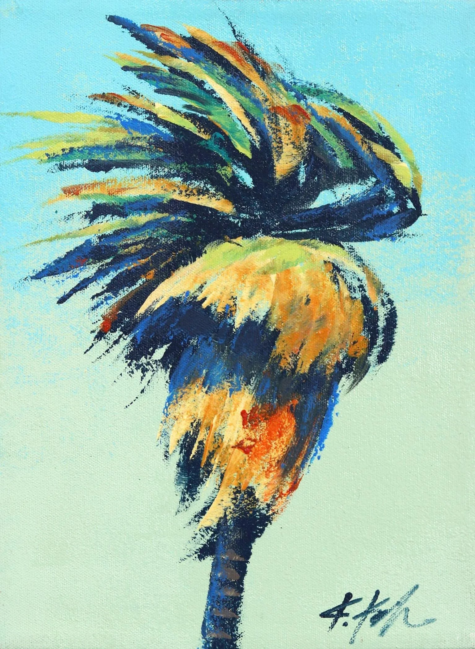 Windy Palm - Contemporary Botanical Landscape Tree Acrylic Painting by Kathleen Keifer: Kathleen Keifer is a California-based internationally collected artist. She is a leading force of the New California Realism. Kathleen brings a fresh, clean perspective to her colorful scenes of
