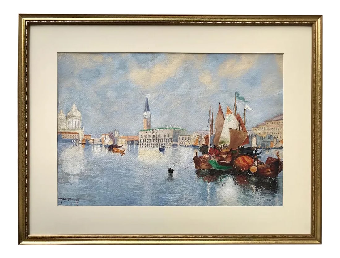 Original Antique Watercolor Painting of Venice Grand Canal by Walter Lenhart .: A beautiful original antique watercolor painting of the Venice Grand Canal with gondolas and the Doges Palace signed lower left by Walter M Lenhart and dated 1908. Presented matted and framed in