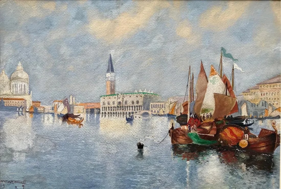 Original Antique Watercolor Painting of Venice Grand Canal by Walter Lenhart . - 3