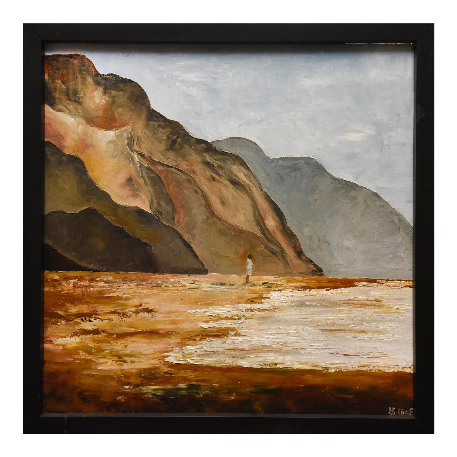 1990s Solitary Shore by Yulias: Oil on board, 26" x 26", by Yulias. This landscape depicts a solitary figure standing on a beach, gazing out at distant mountains across a wide expanse of water. The artist's use of warm earth tones a