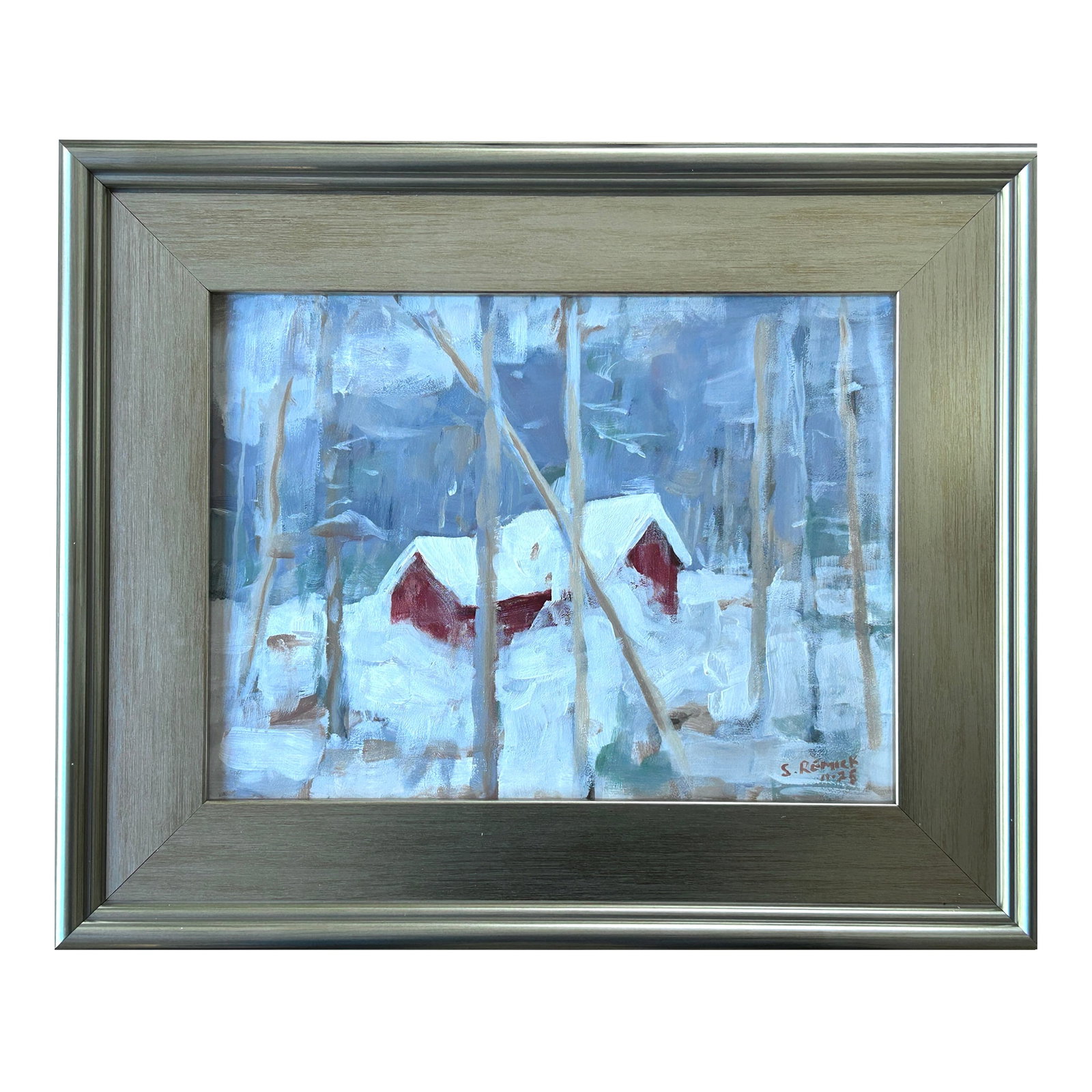 Snowed in by Stephen Remick: A snow-scape in the heart of Vermont. Loose brushwork and a limited palette add to the changing of the season, fall to winter. In this scene, a cabin is slowly being snowed in as snowfall after