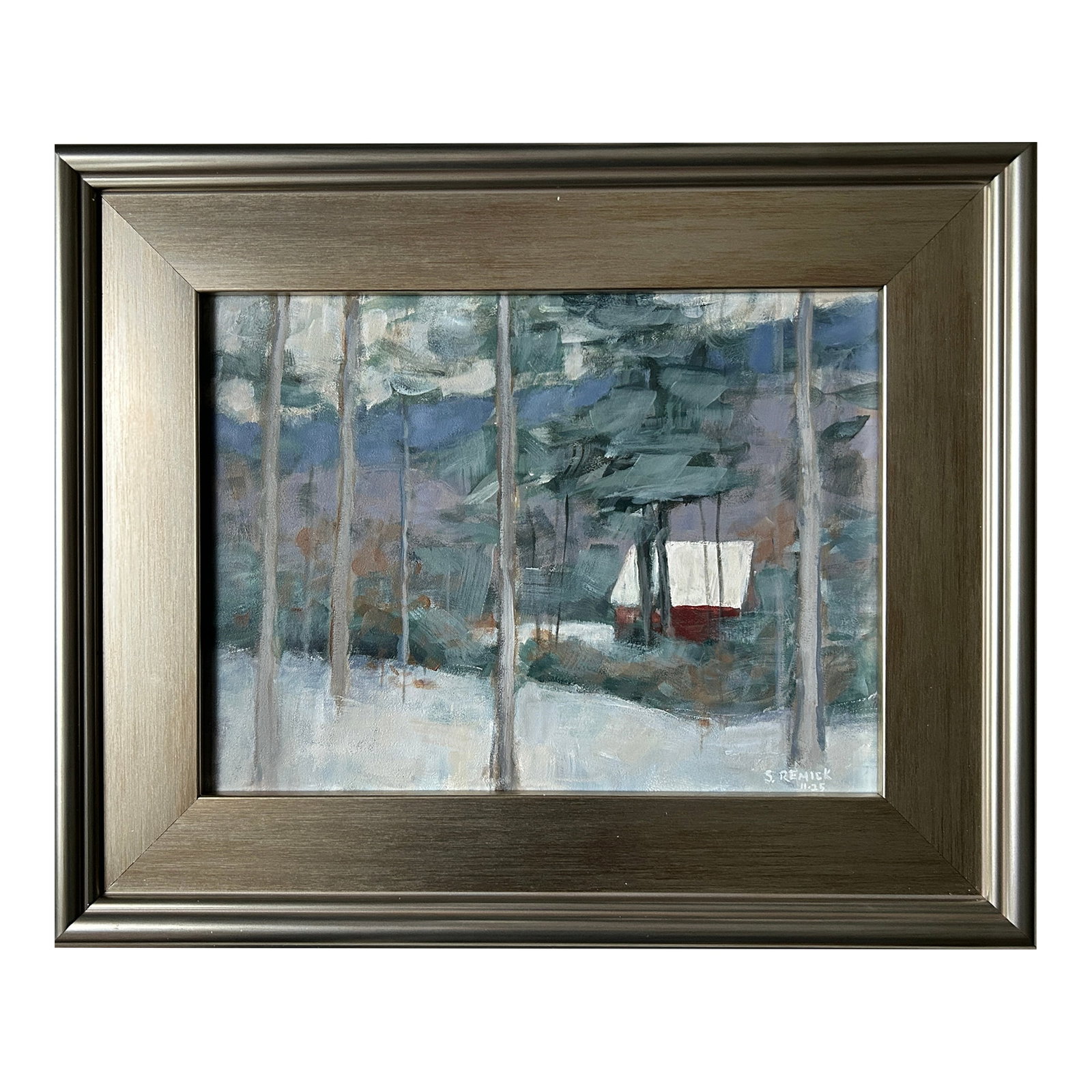 Almost Home by Stephen Remick: A snow-scape in the heart of Vermont. Loose brushwork and a limited palette add to the changing of the season, fall to winter. Here, a cabin sits quietly waiting to be returned to after a walk in the