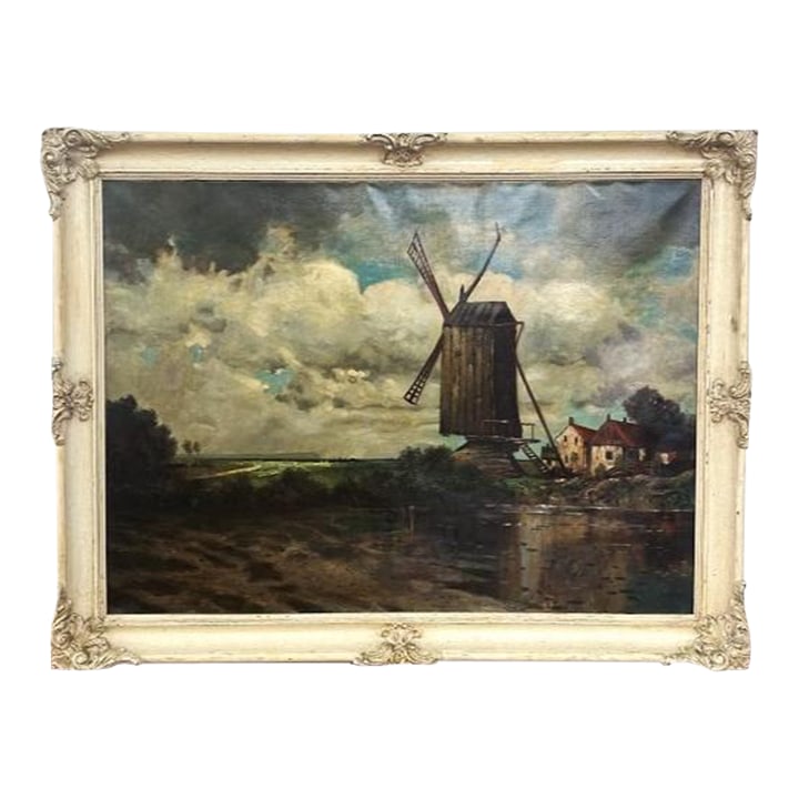 Antique Oil on Canvas: German Karl Heffner. Windmill in a European Landscape. Restored and Framed Condition: Alterations: Restored Imperfections: Some Imperfections Condition Notes: Professionally restored. See pics of the 