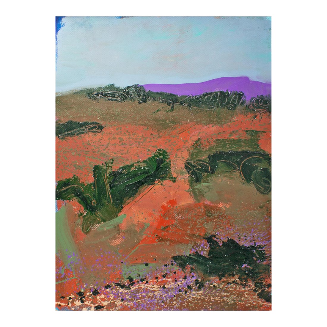 1980s Abstract Acrylic Landscape Painting by Harry Hilson: A 1980s abstract mixed media painting by American artist Harry Hilson (1935-2004). This colorful work depicts a distant purple mountain peak under a pale blue sky and surrounded by rolling green and