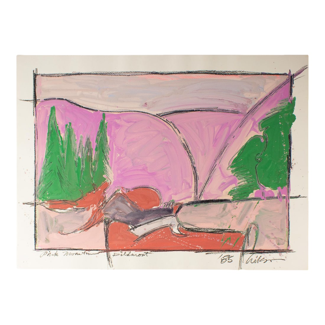 1985 "Pink Mountain, Piedmont" Abstract Acrylic Landscape Painting by Harry Hilson: A 1985 abstract mixed media painting by American artist Harry Hilson (1935-2004). Titled "Pink Mountain, Piedmont," this work depicts a predominantly pink landscape flanked by vibrant green trees