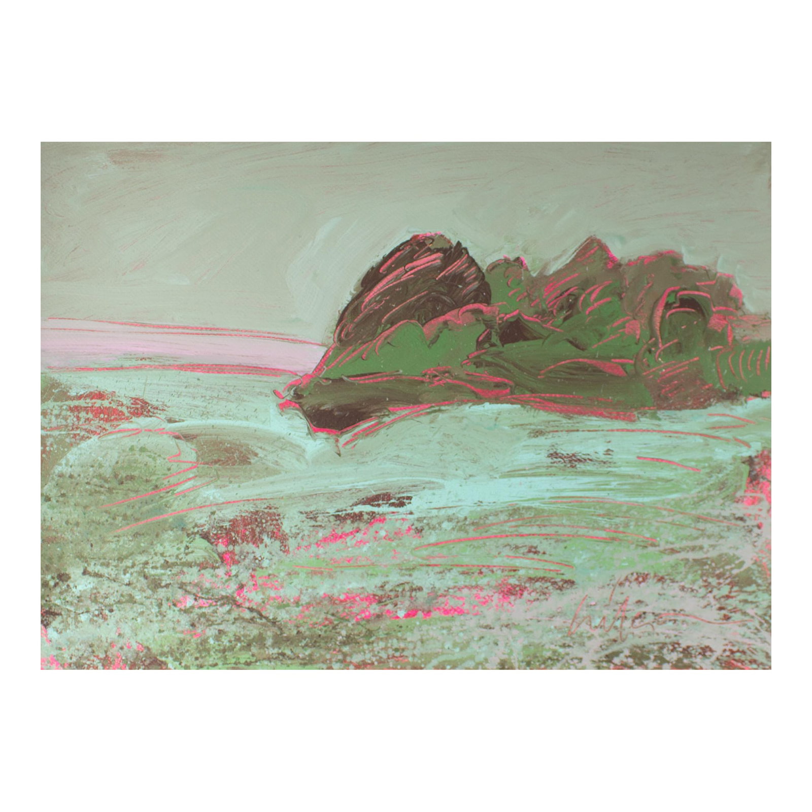 1980s Abstract Acrylic Landscape Painting by Harry Hilson: A 1980s abstract mixed media painting by the American artist Harry Hilson (1935-2004). This abstract work is predominantly pale green and depicts a sparse landscape with a copse of trees in the