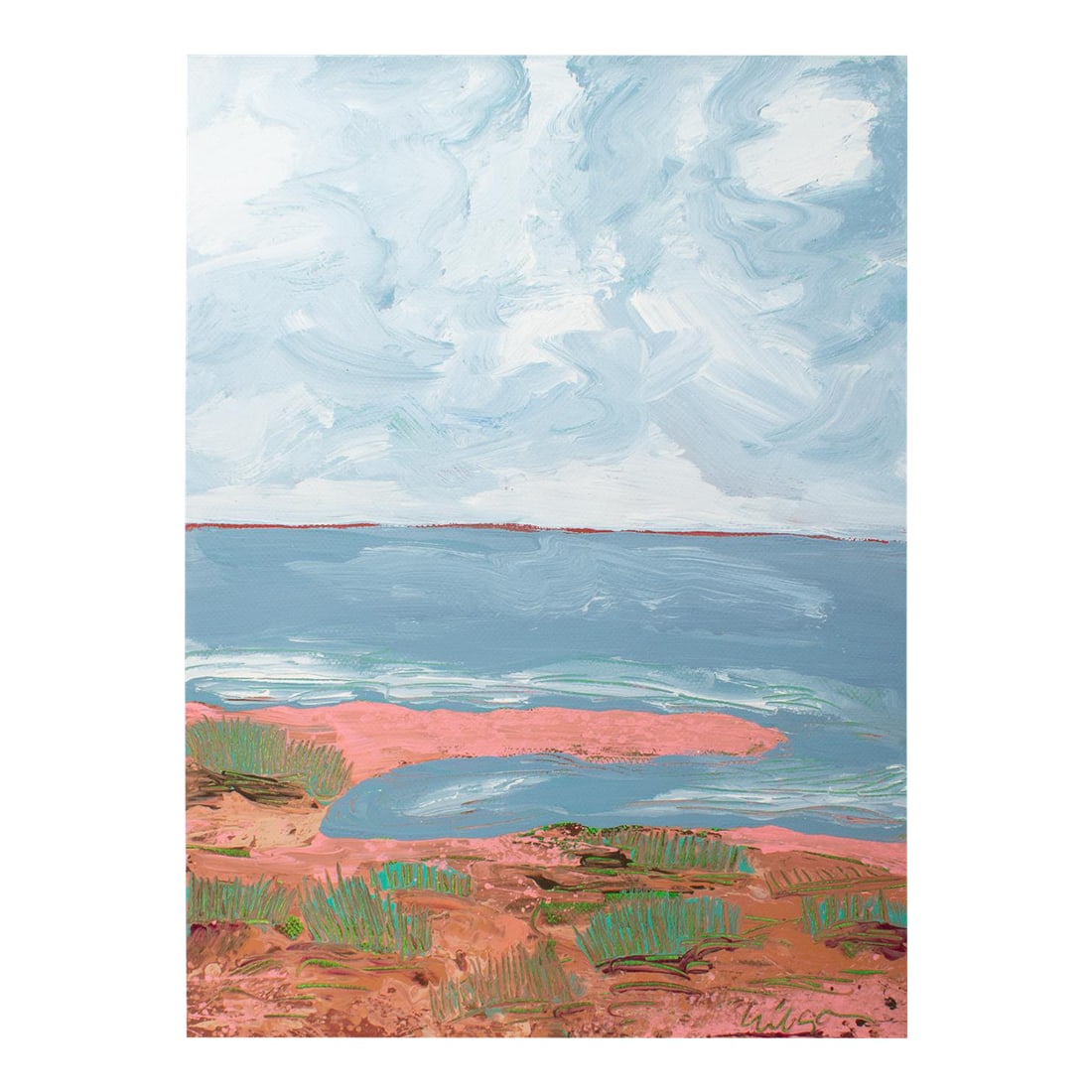 1988 "Sea Grasses" Abstract Acrylic Landscape Painting by Harry Hilson: A 1988 abstract mixed media painting by American artist Harry Hilson (1935-2004). Titled "Sea Grasses," this colorful work depicts a cloudy sky above calm waters bordered by a pink, green, and brown